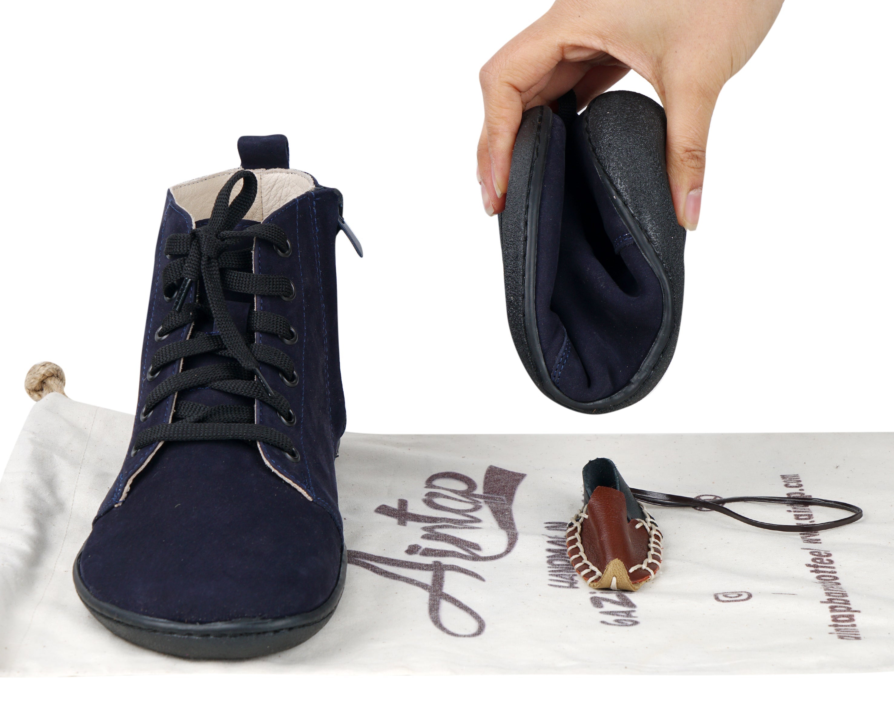 Navy Blue Short Boots Wide Barefoot Shoes Nubuck Leather Handmade Rubber Outsole 