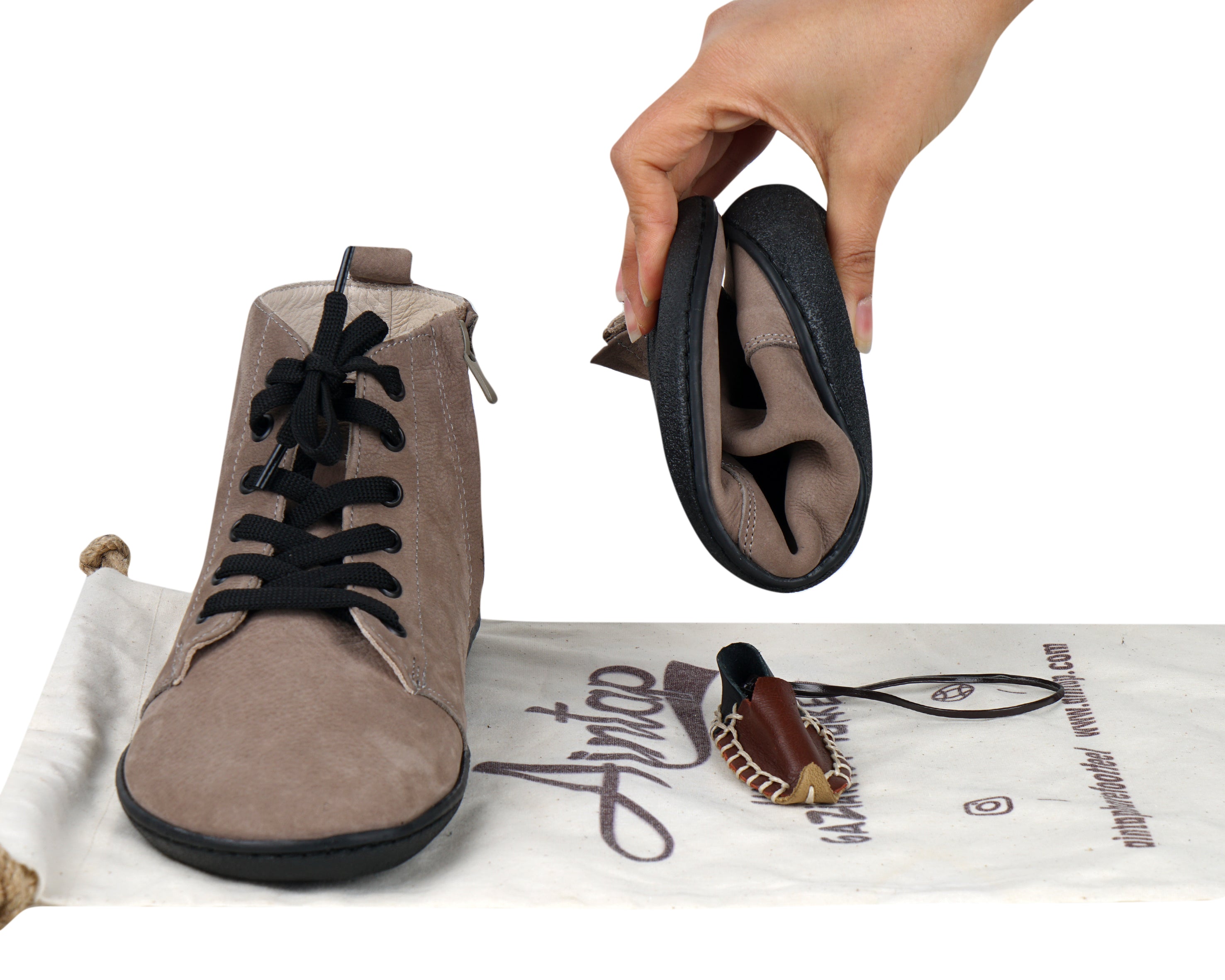 Smoked Short Boots Wide Barefoot Shoes Nubuck Leather Handmade Rubber Outsole 