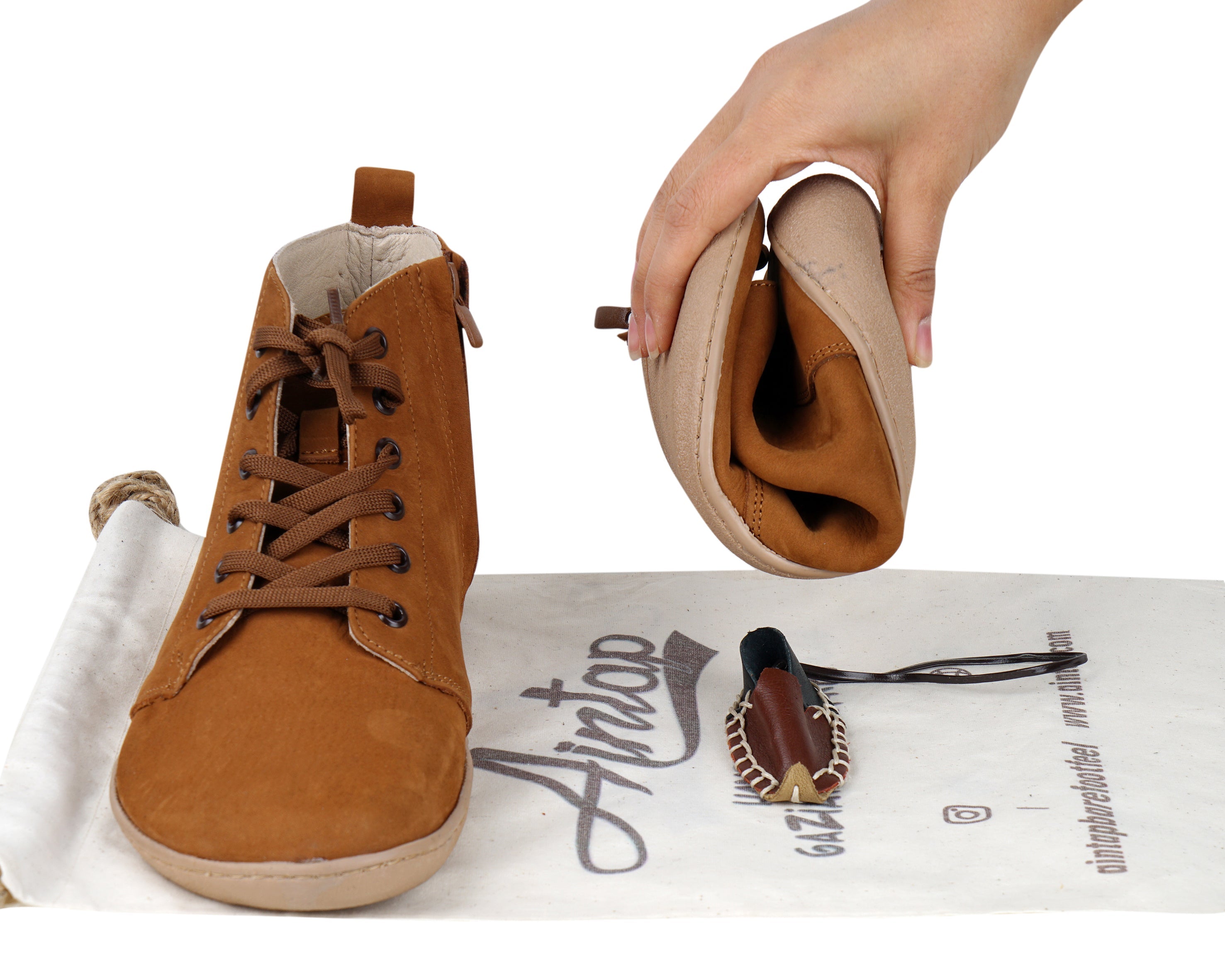 Tan Short Boots Wide Barefoot Shoes Nubuck Leather Handmade Rubber Outsole 