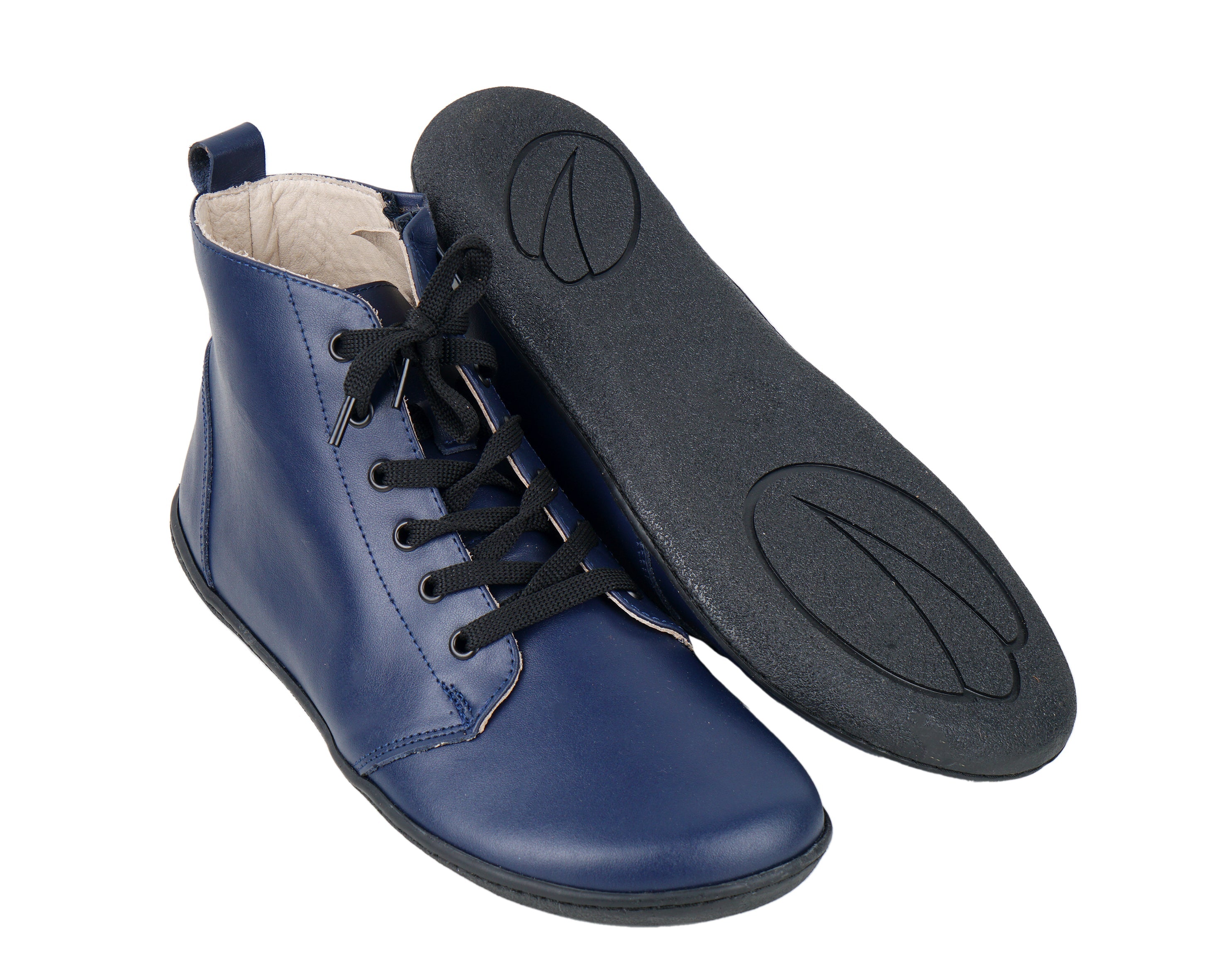 Navy Blue Short Boots Wide Barefoot Shoes Smooth Leather Handmade 6mm Rubber Outsole 