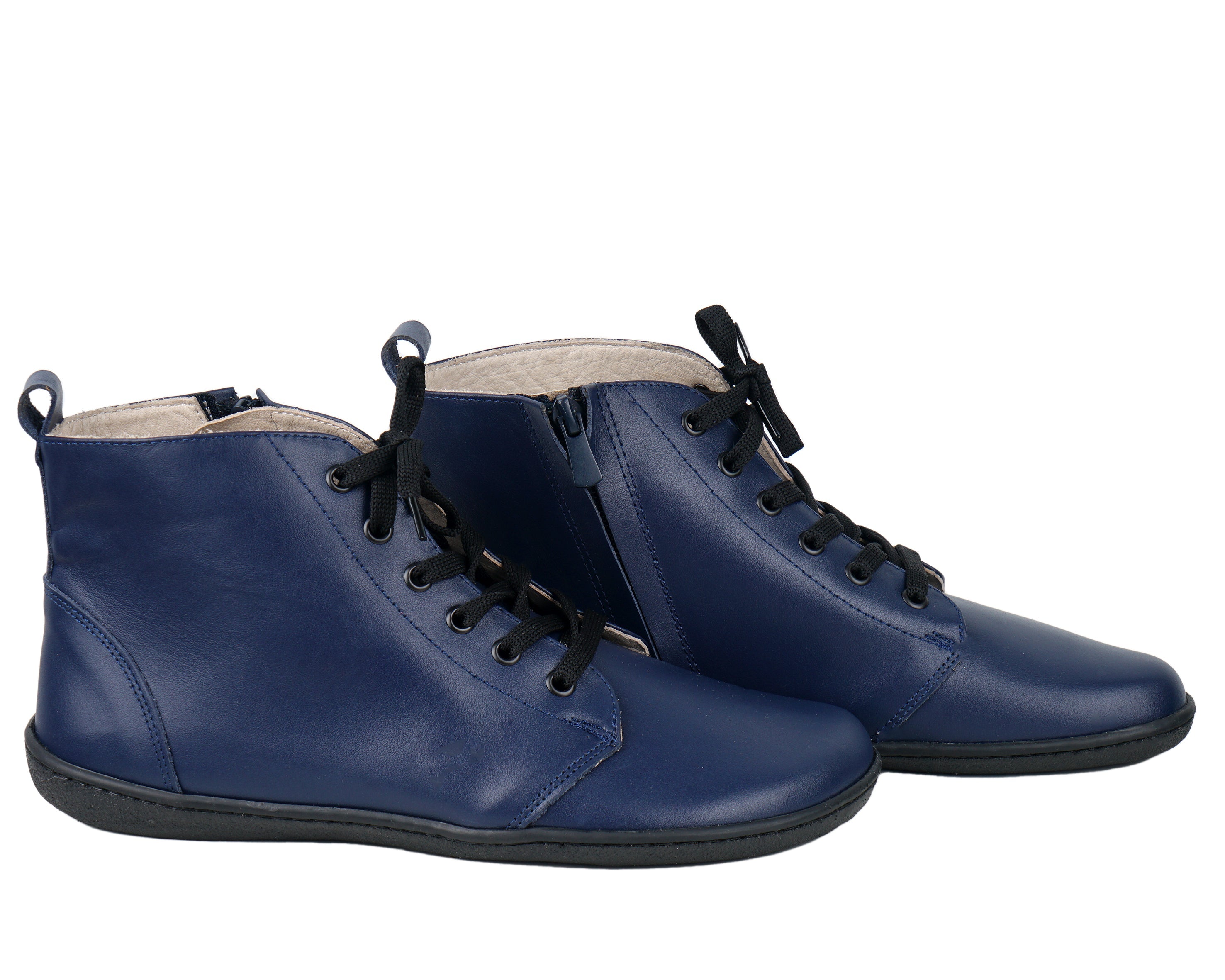 Navy Blue Short Boots Wide Barefoot Shoes Smooth Leather Handmade 6mm Rubber Outsole 