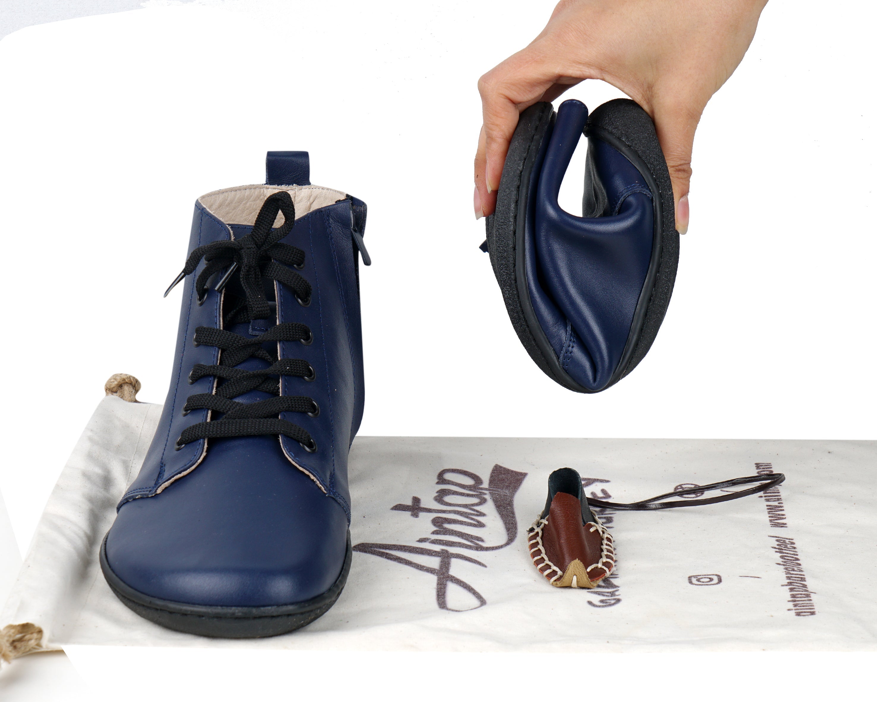Navy Blue Short Boots Wide Barefoot Shoes Smooth Leather Handmade 6mm Rubber Outsole 