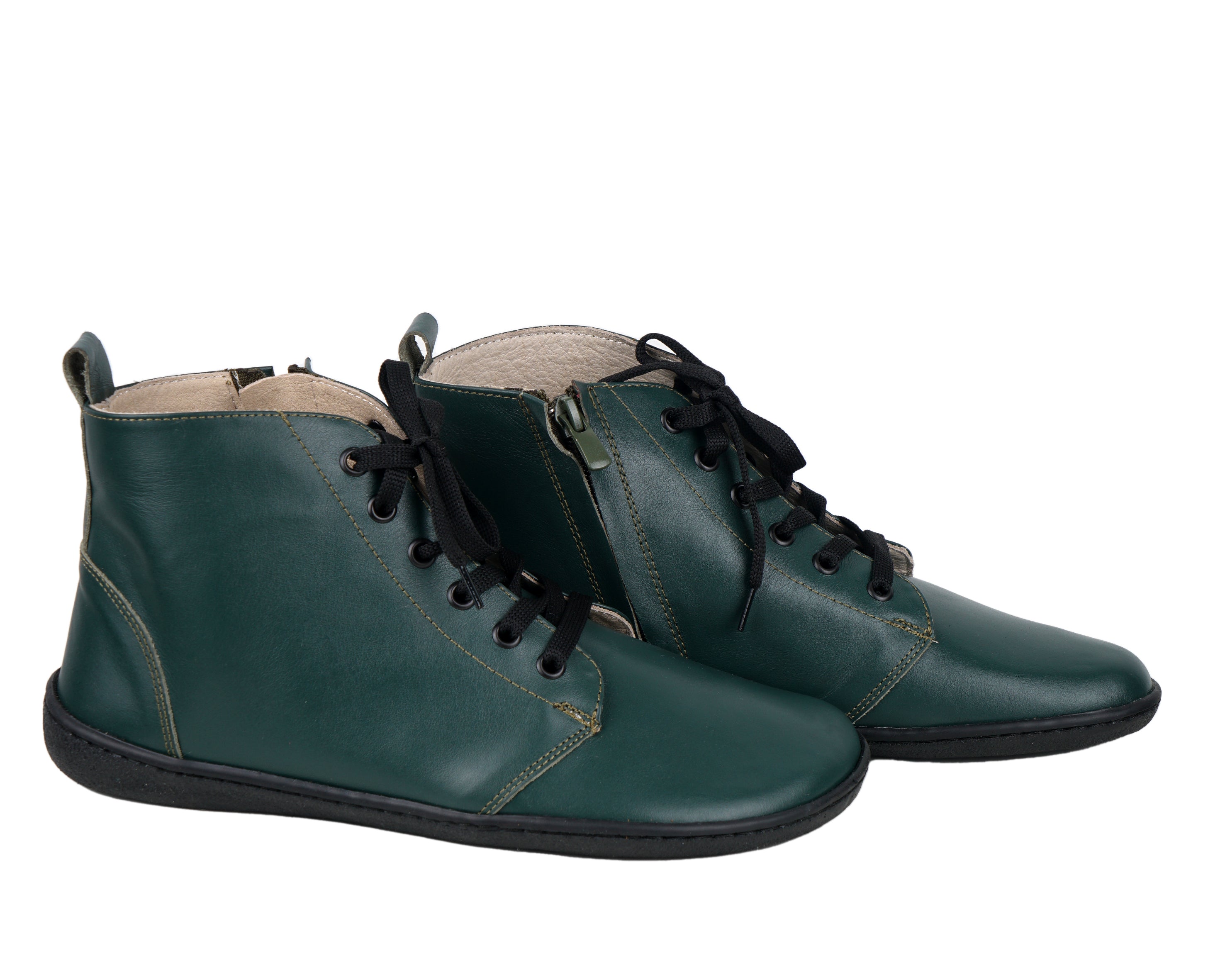 Green Short Boots Wide Barefoot Shoes Smooth Leather Handmade 6mm Rubber Outsole 