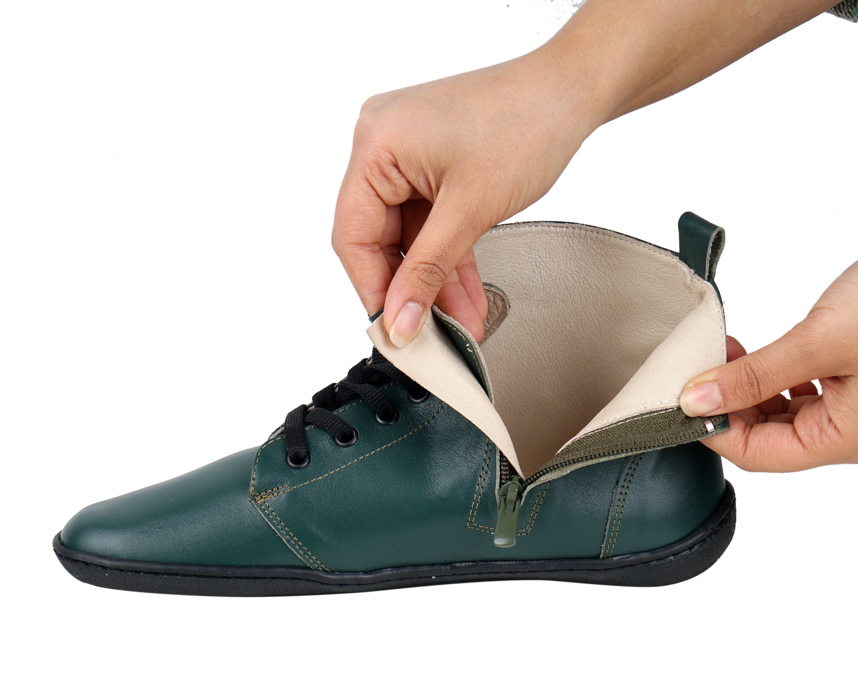 Green Short Boots Wide Barefoot Shoes Smooth Leather Handmade 6mm Rubber Outsole 