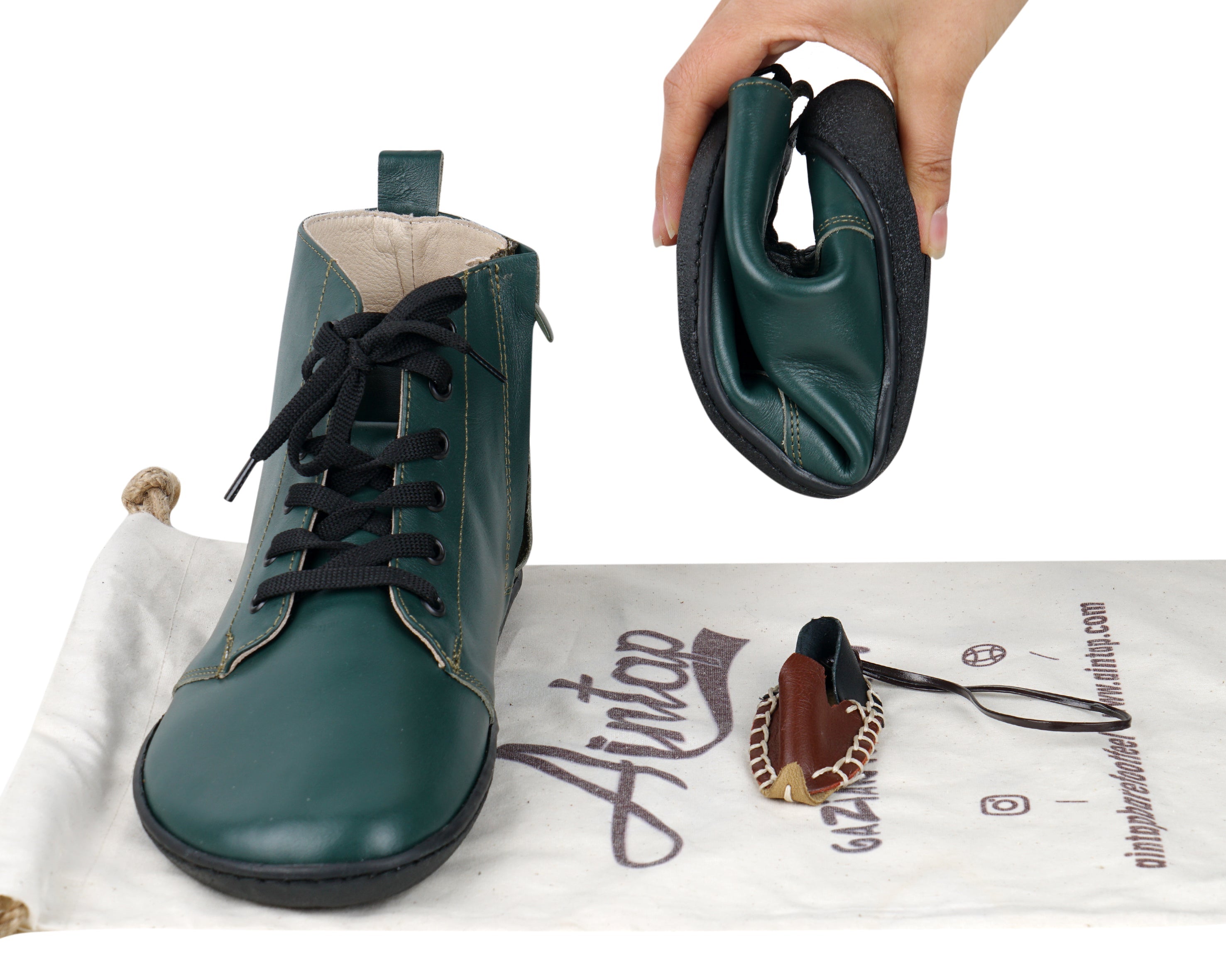 Green Short Boots Wide Barefoot Shoes Smooth Leather Handmade 6mm Rubber Outsole 
