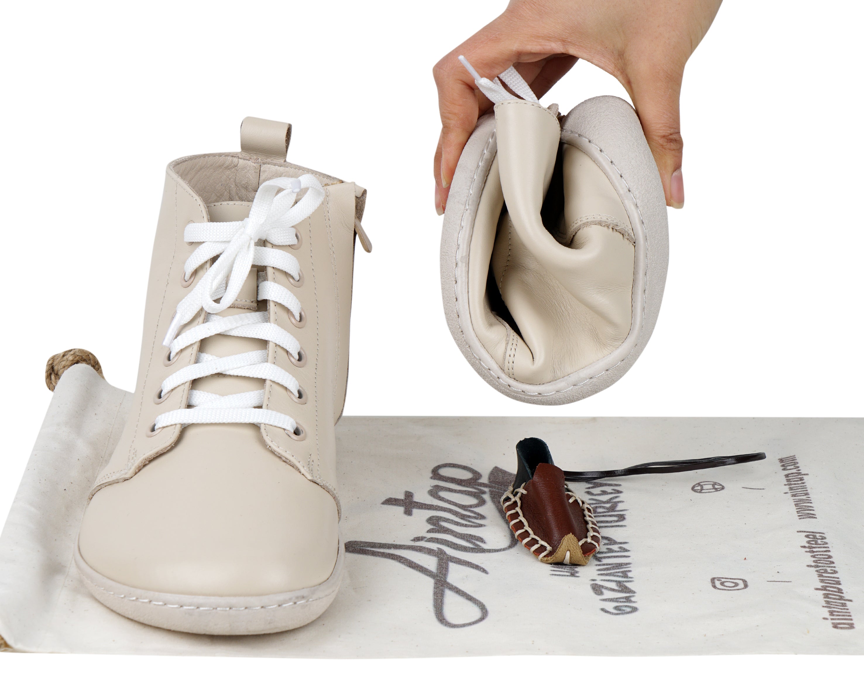 Cream Short Boots Wide Barefoot Shoes Smooth Leather Handmade 6mm Rubber Outsole 