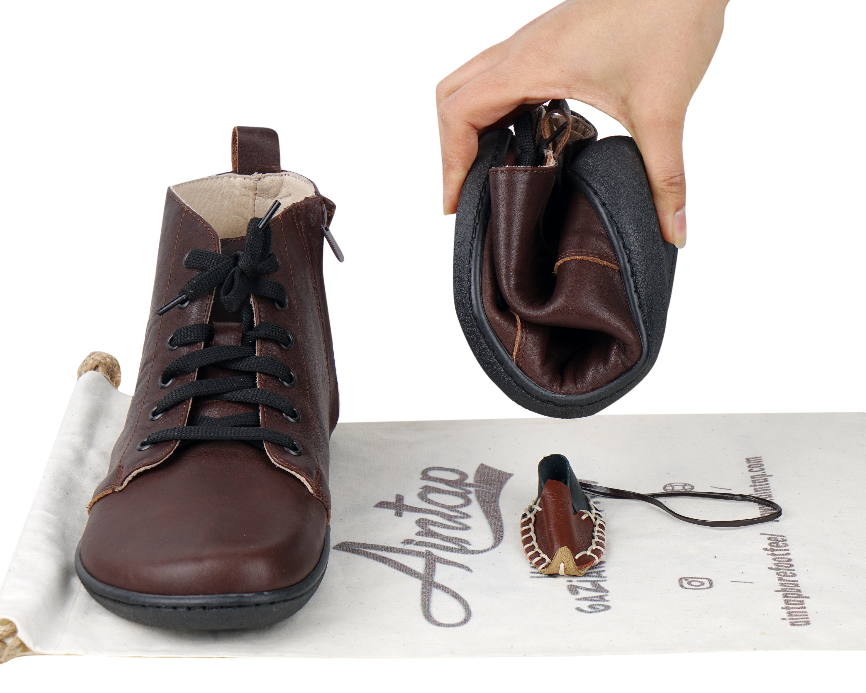 Dark Brown Short Boots Wide Barefoot Shoes Smooth Leather Handmade 6mm Rubber Outsole 