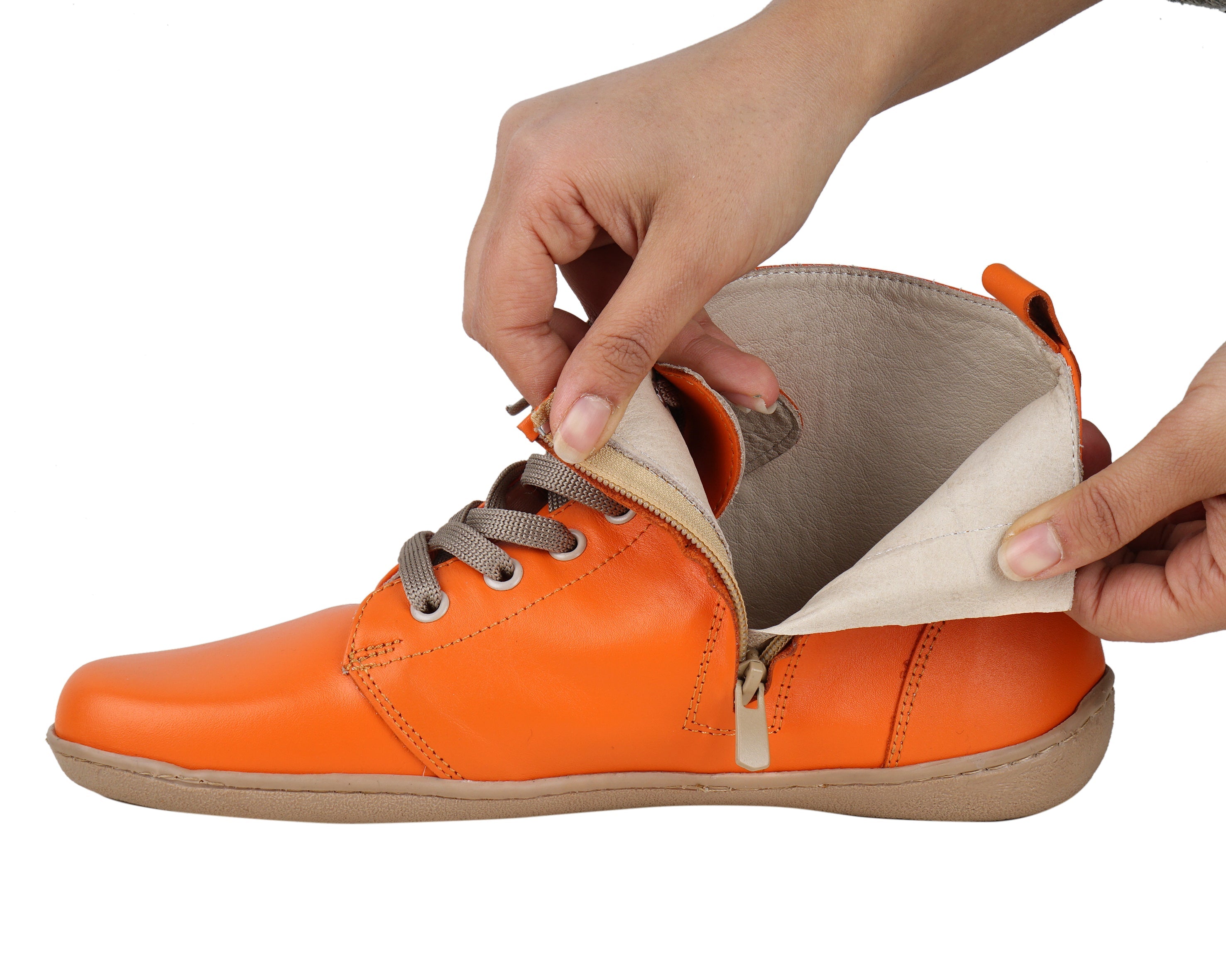 Orange Short Boots Wide Barefoot Shoes Smooth Leather Handmade 6mm Rubber Outsole 