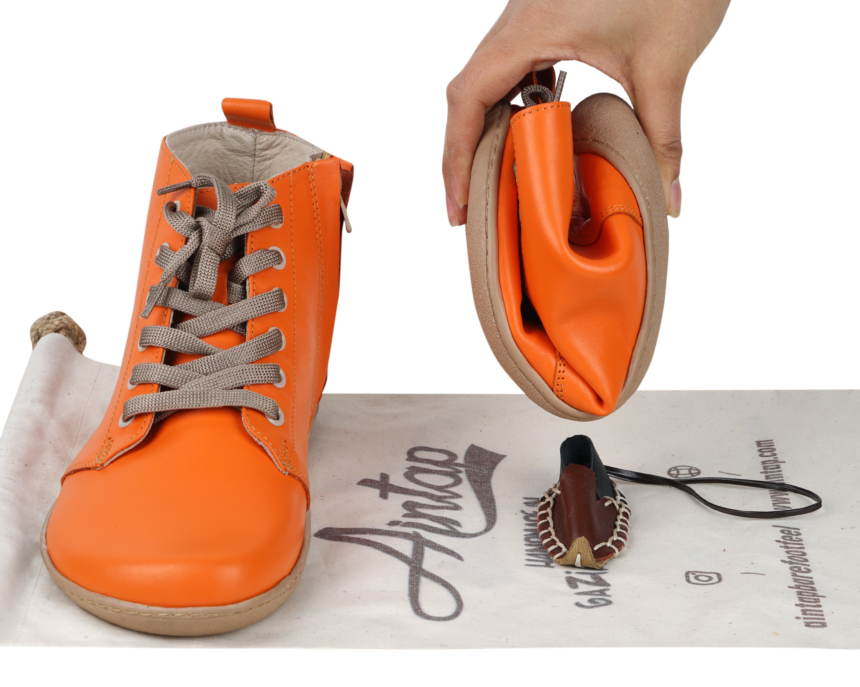 Orange Short Boots Wide Barefoot Shoes Smooth Leather Handmade 6mm Rubber Outsole 