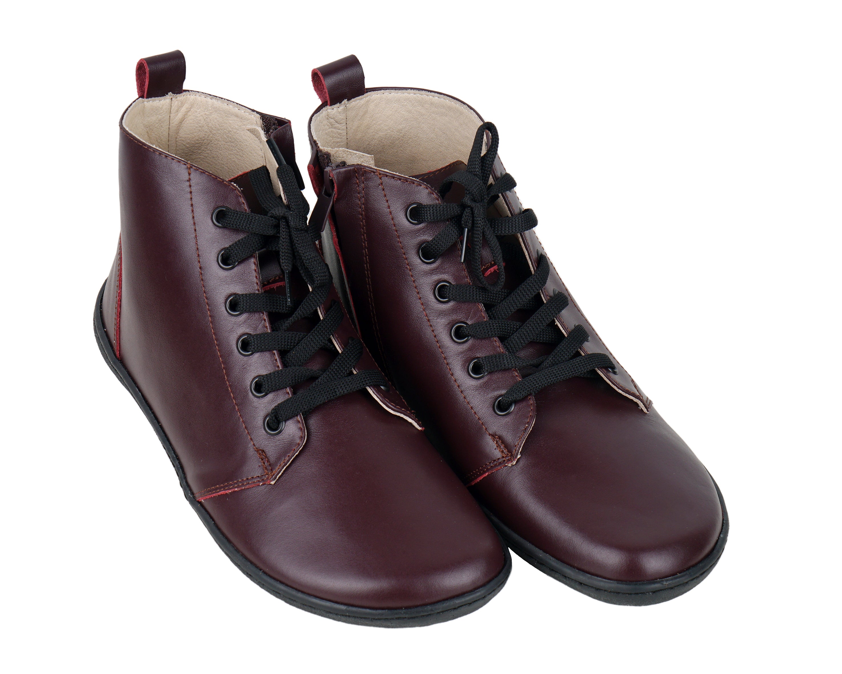 Burgundy Short Boots Wide Barefoot Shoes Smooth Leather Handmade 6mm Rubber Outsole