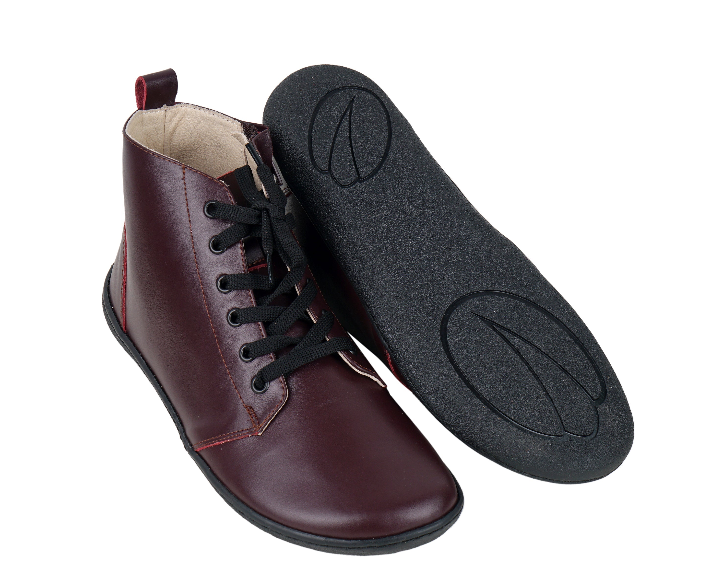 Burgundy Short Boots Wide Barefoot Shoes Smooth Leather Handmade 6mm Rubber Outsole 