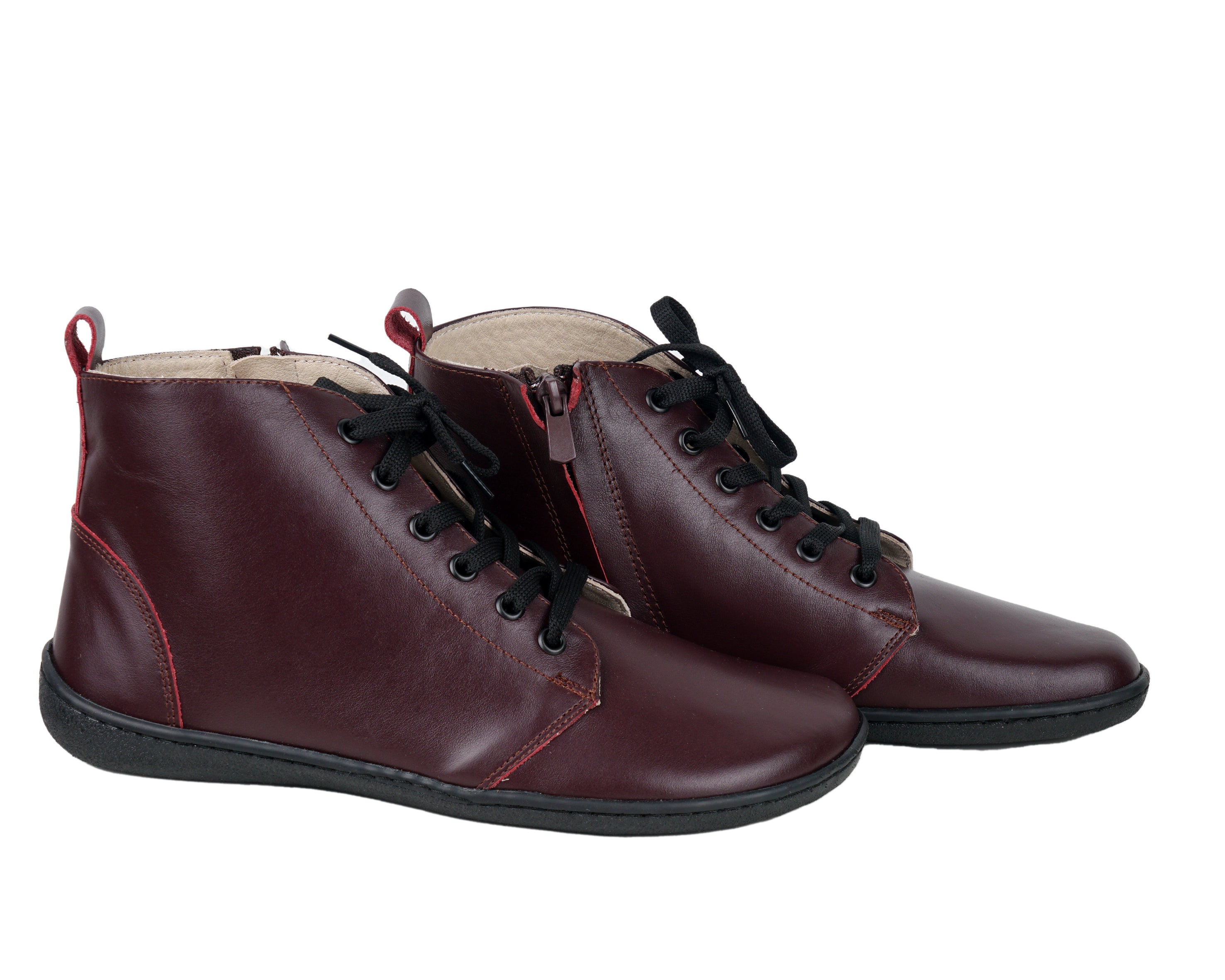Burgundy Short Boots Wide Barefoot Shoes Smooth Leather Handmade 6mm Rubber Outsole 