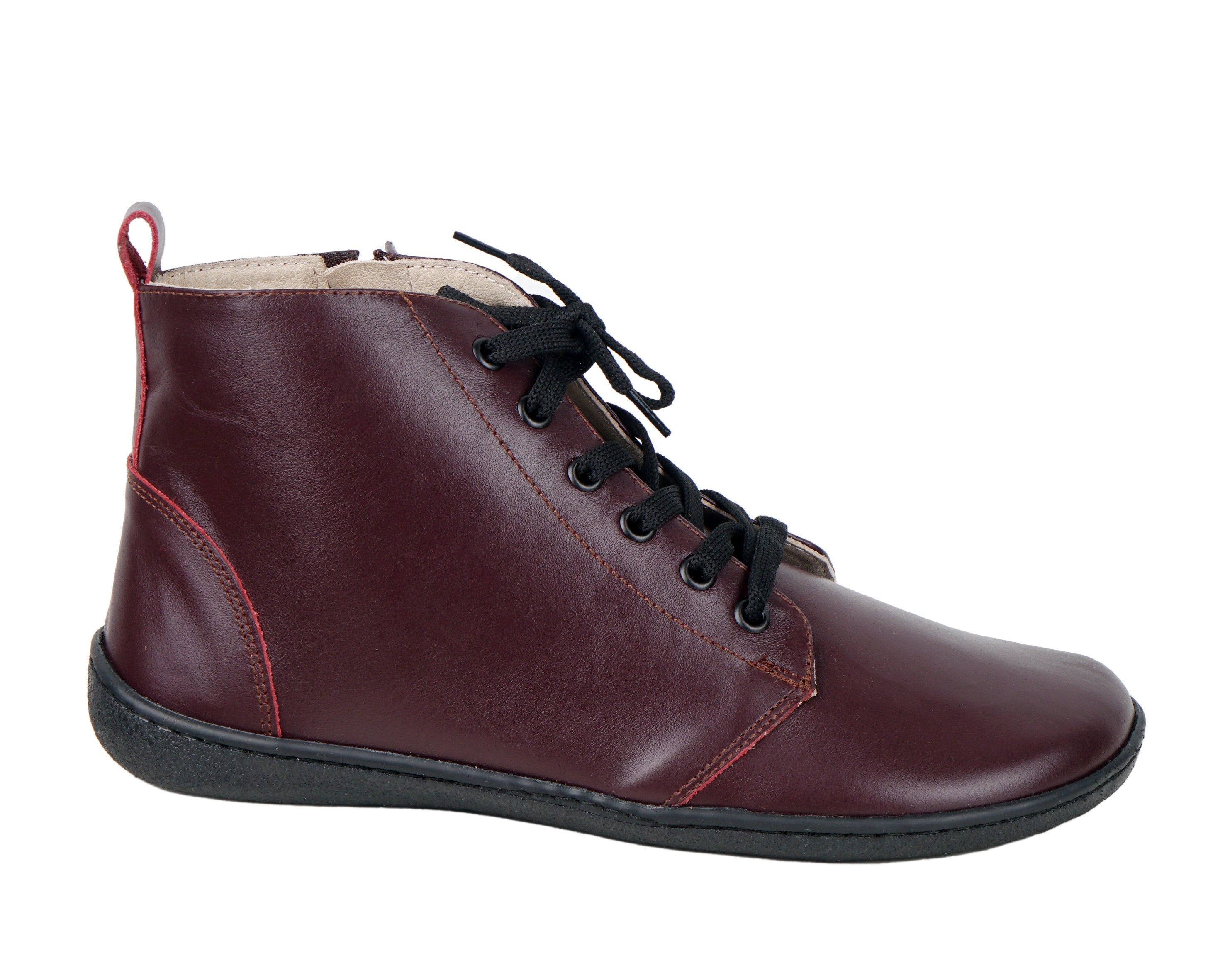Burgundy Short Boots Wide Barefoot Shoes Smooth Leather Handmade 6mm Rubber Outsole 