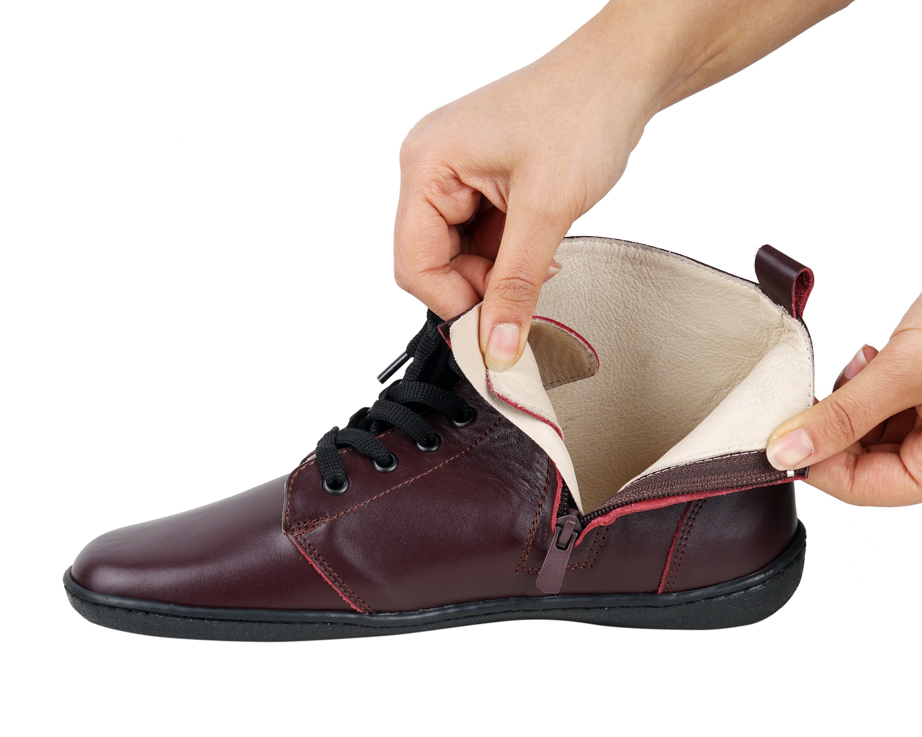 Burgundy Short Boots Wide Barefoot Shoes Smooth Leather Handmade 6mm Rubber Outsole 