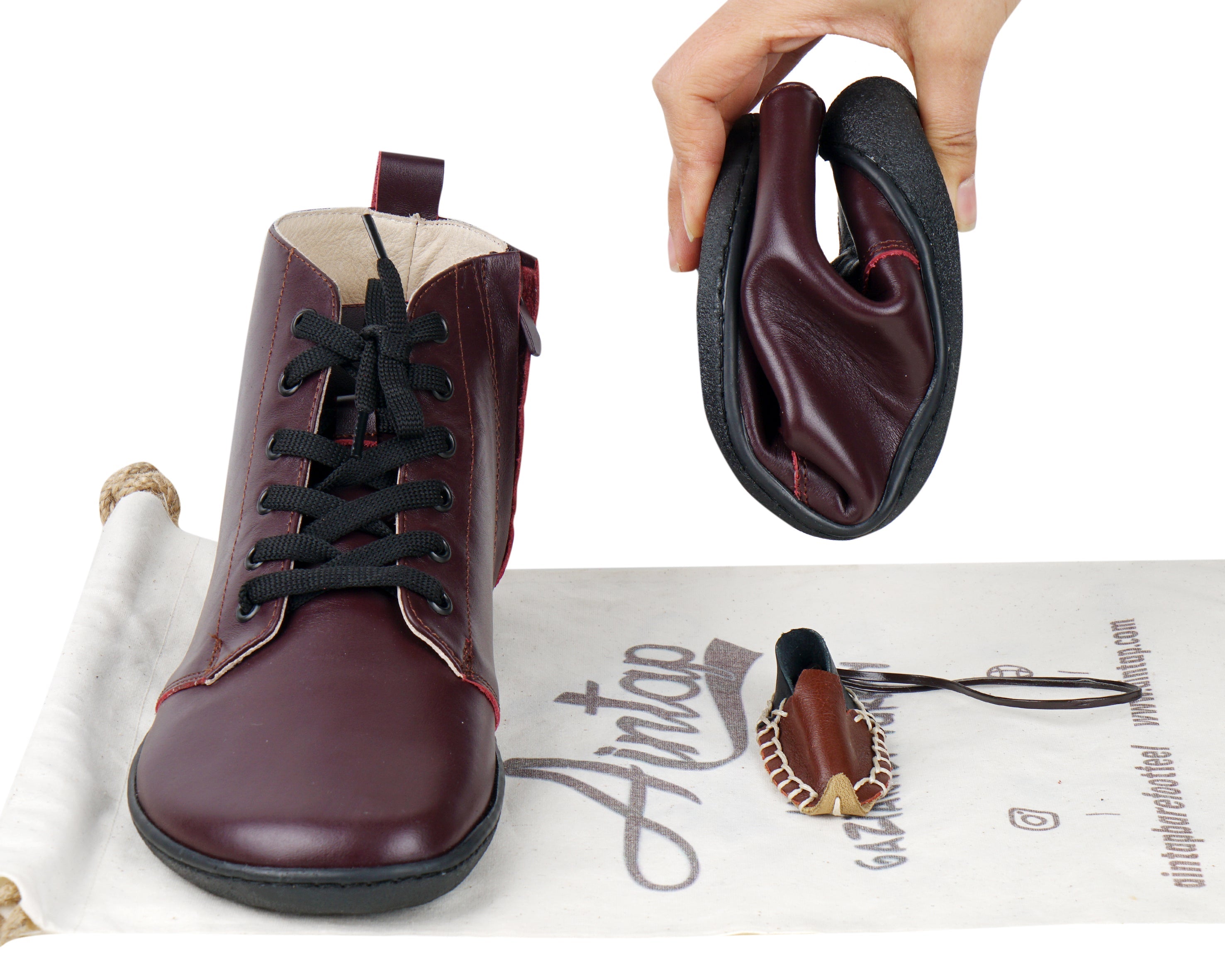 Burgundy Short Boots Wide Barefoot Shoes Smooth Leather Handmade 6mm Rubber Outsole 