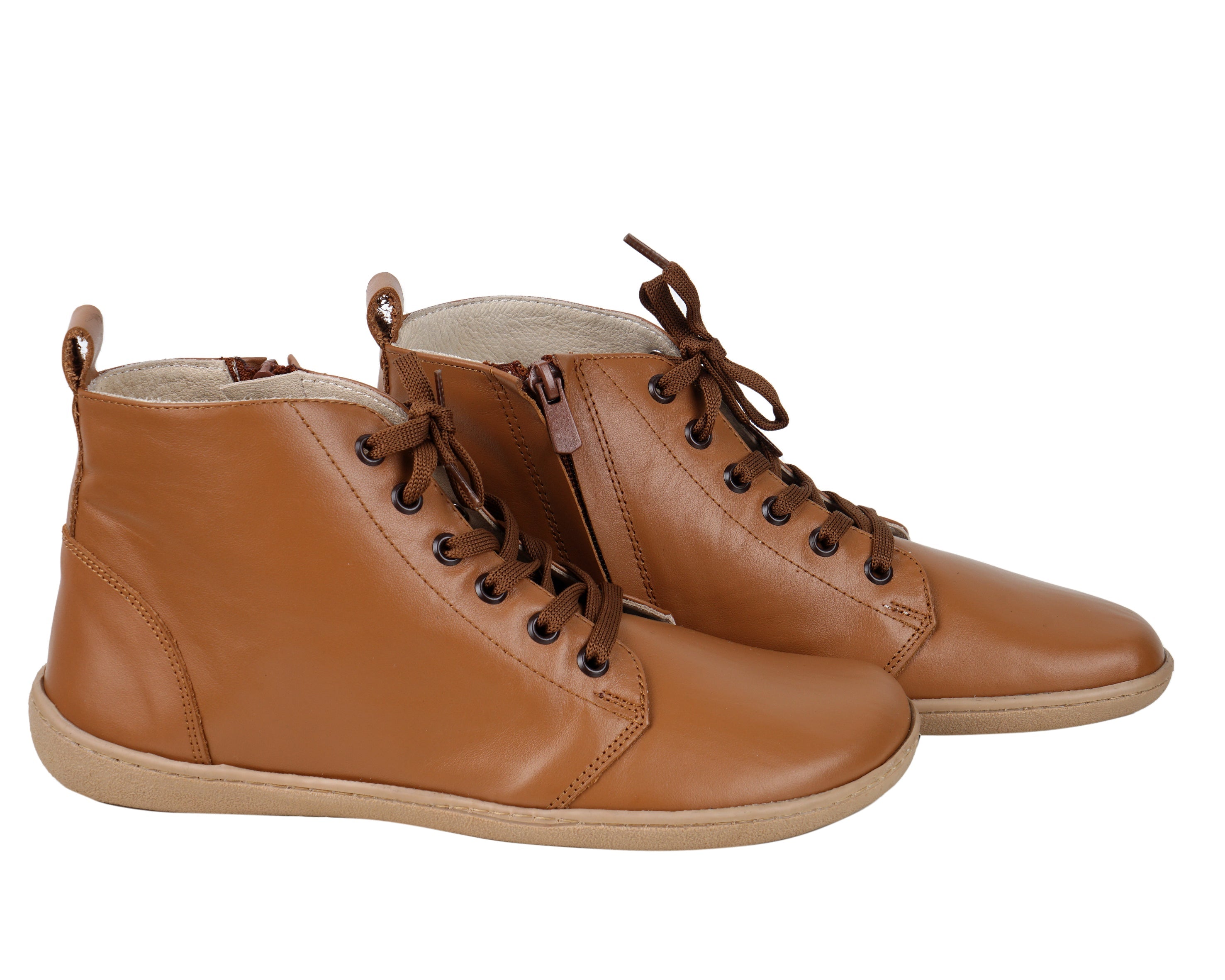 Tan Short Boots Wide Barefoot Shoes Smooth Leather Handmade 6mm Rubber Outsole 