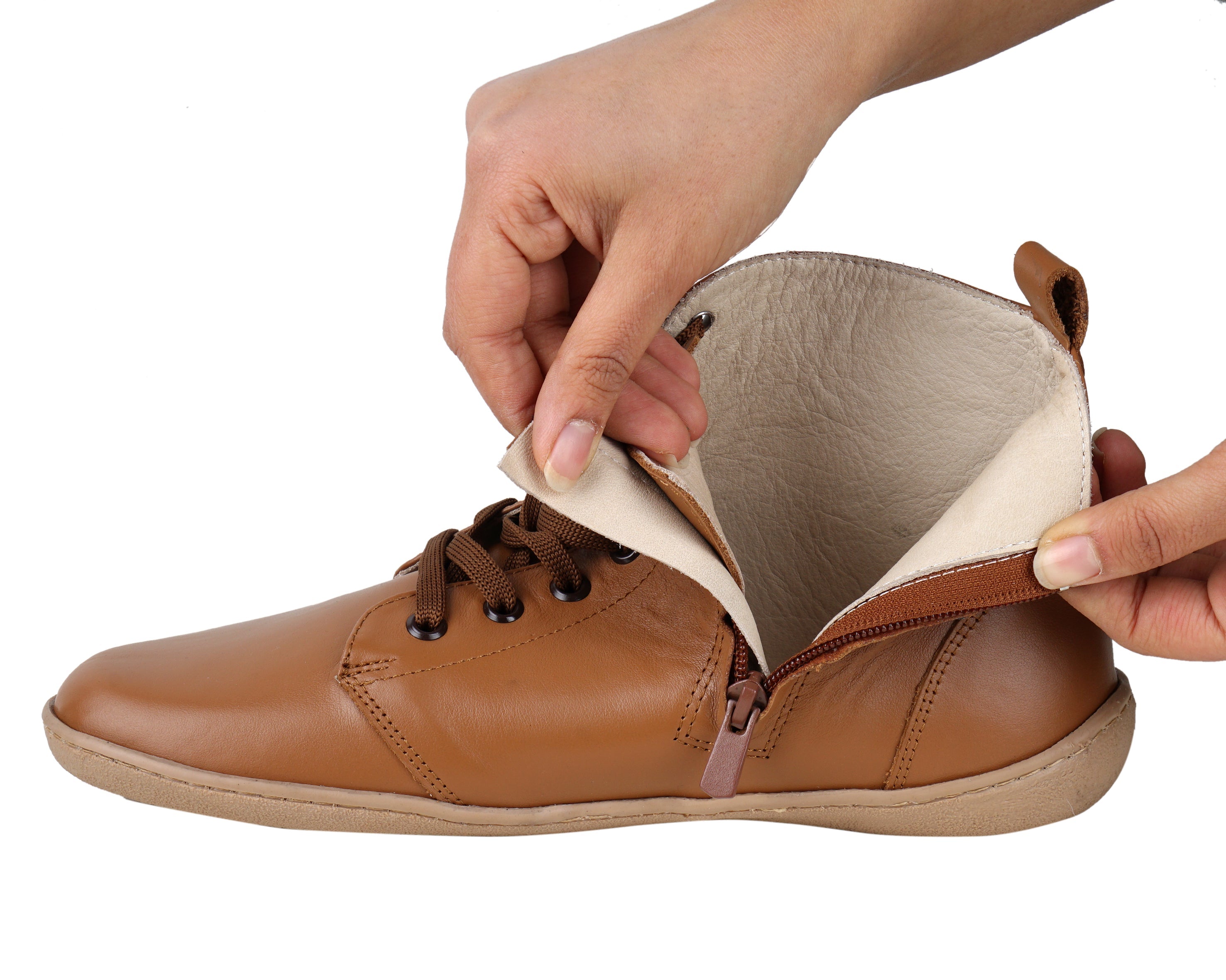 Tan Short Boots Wide Barefoot Shoes Smooth Leather Handmade 6mm Rubber Outsole 