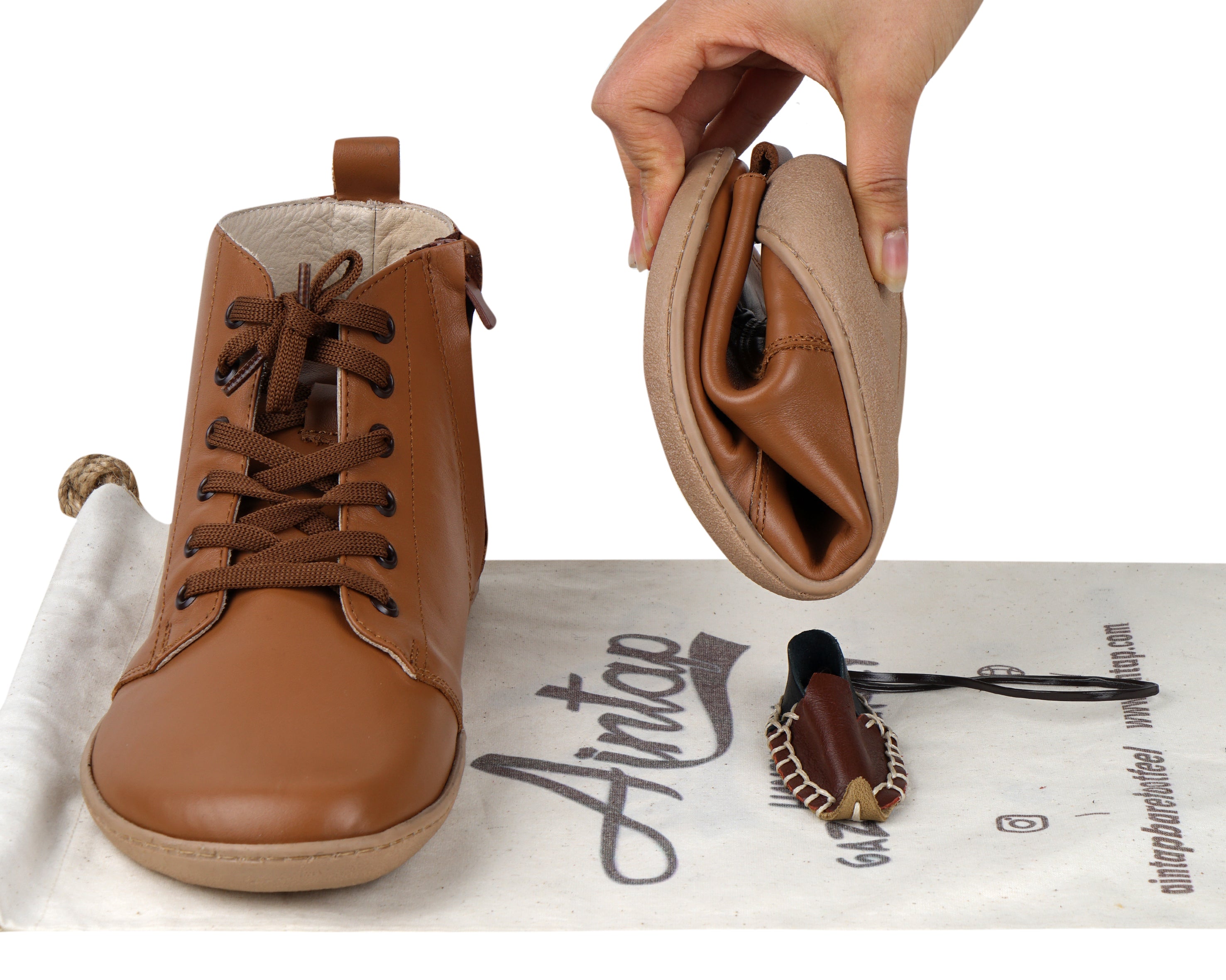 Tan Short Boots Wide Barefoot Shoes Smooth Leather Handmade 6mm Rubber Outsole 