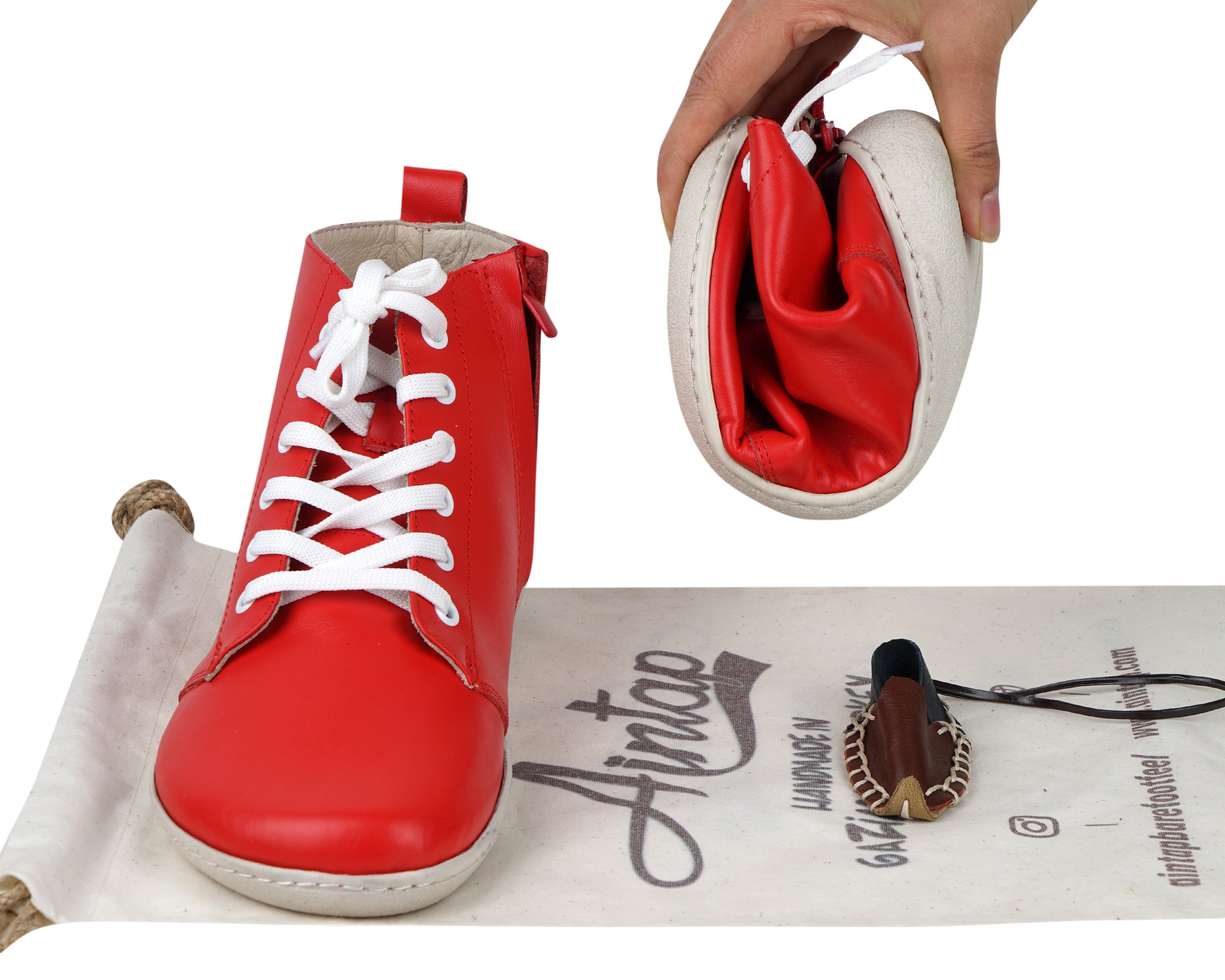 Red Short Boots Wide Barefoot Shoes Smooth Leather Handmade 6mm Rubber Outsole 