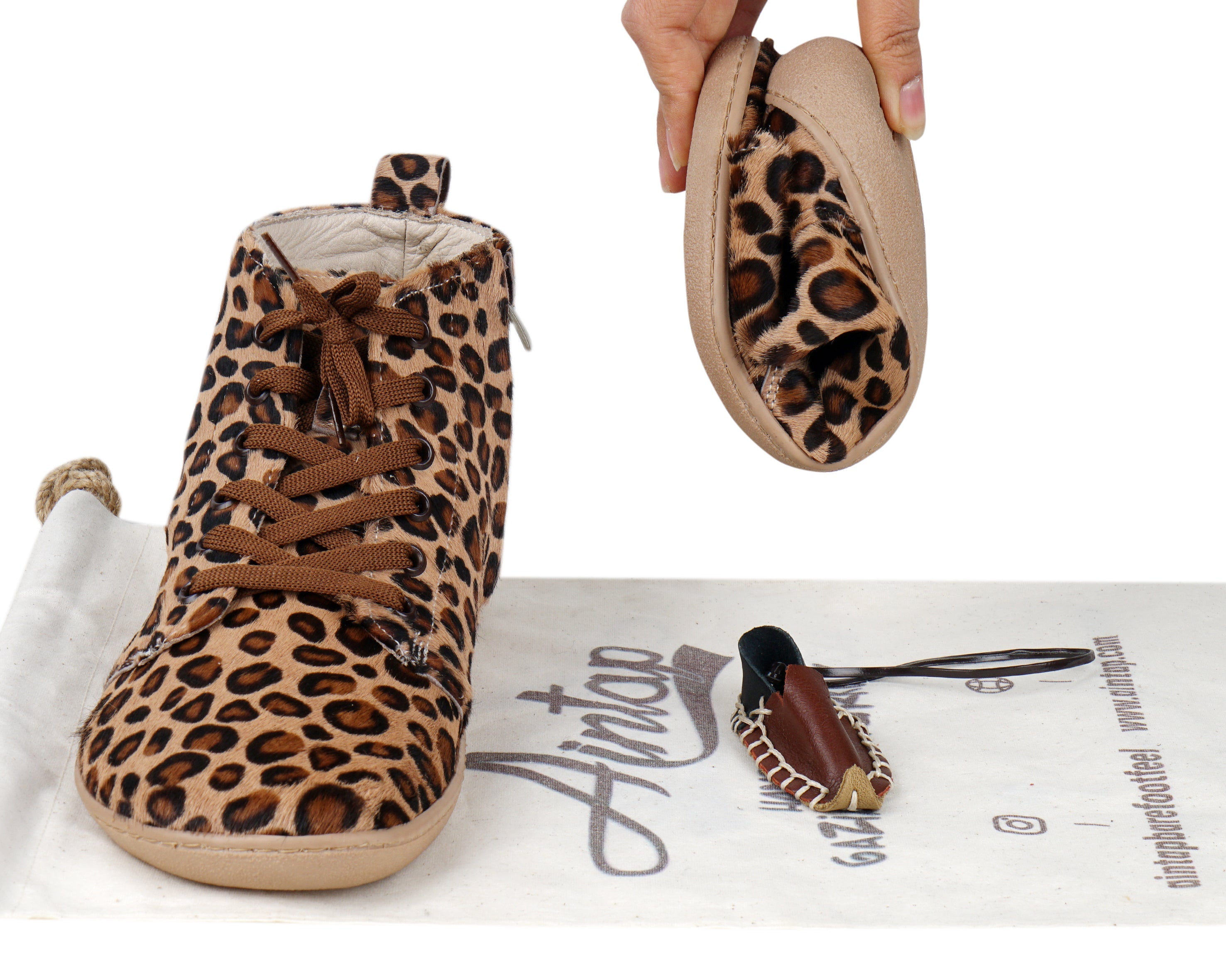 Leopard Short Boots Wide Barefoot Shoes Smooth Leather Handmade 6mm Rubber Outsole 