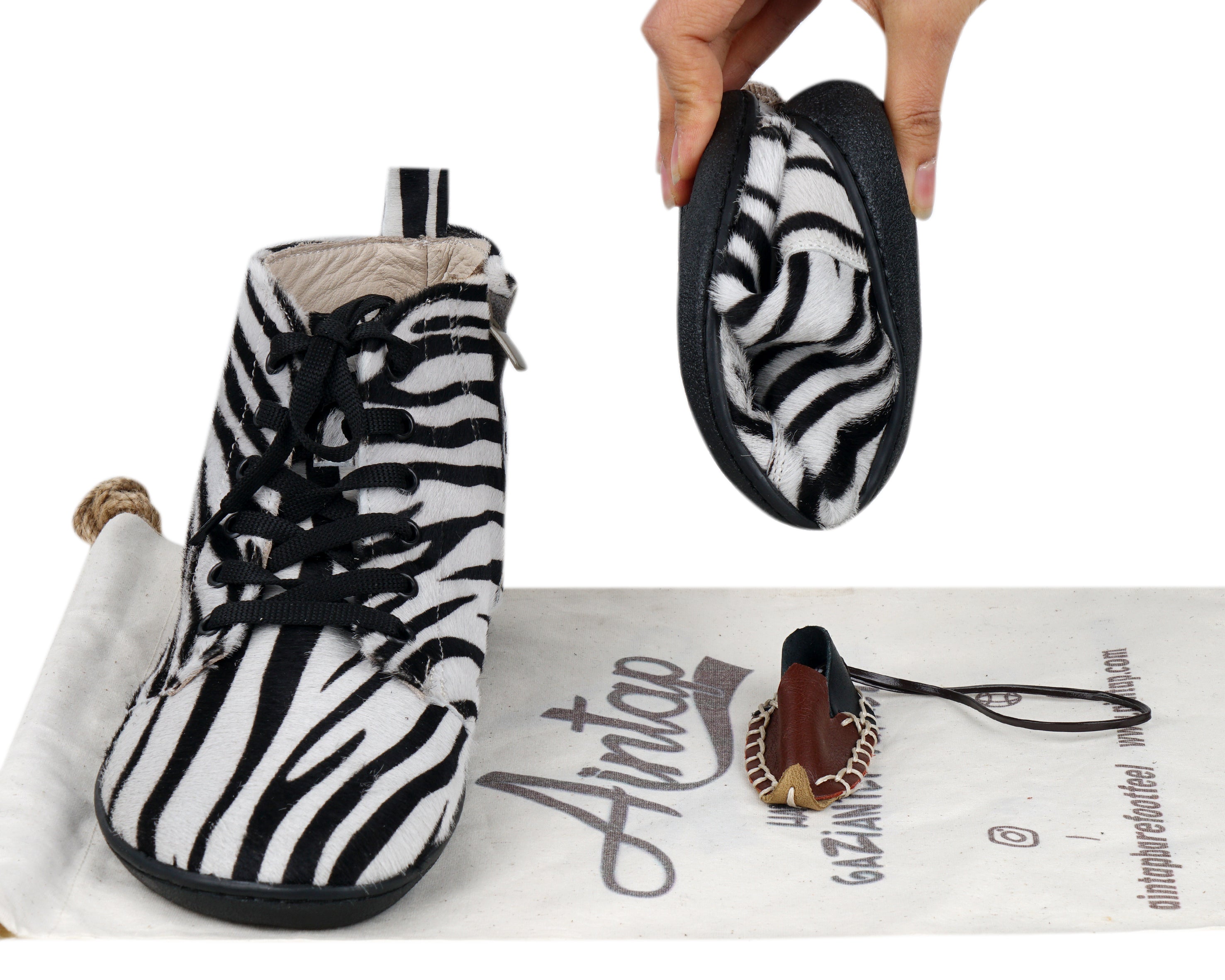 Zebra Short Boots Wide Barefoot Shoes Smooth Leather Handmade 6mm Rubber Outsole 