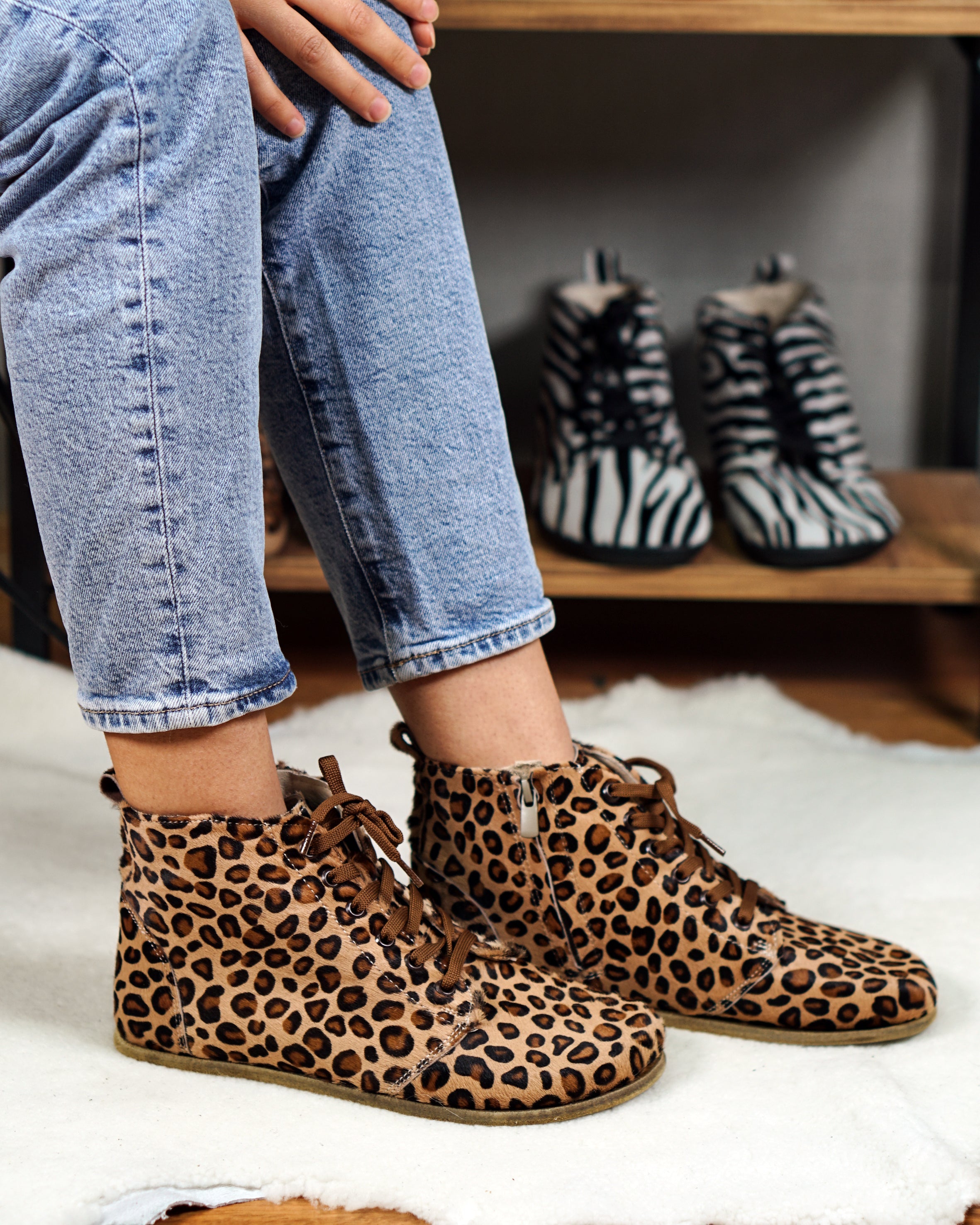 Leopard Short Boots Wide Barefoot Smooth Leather Handmade Shoes 