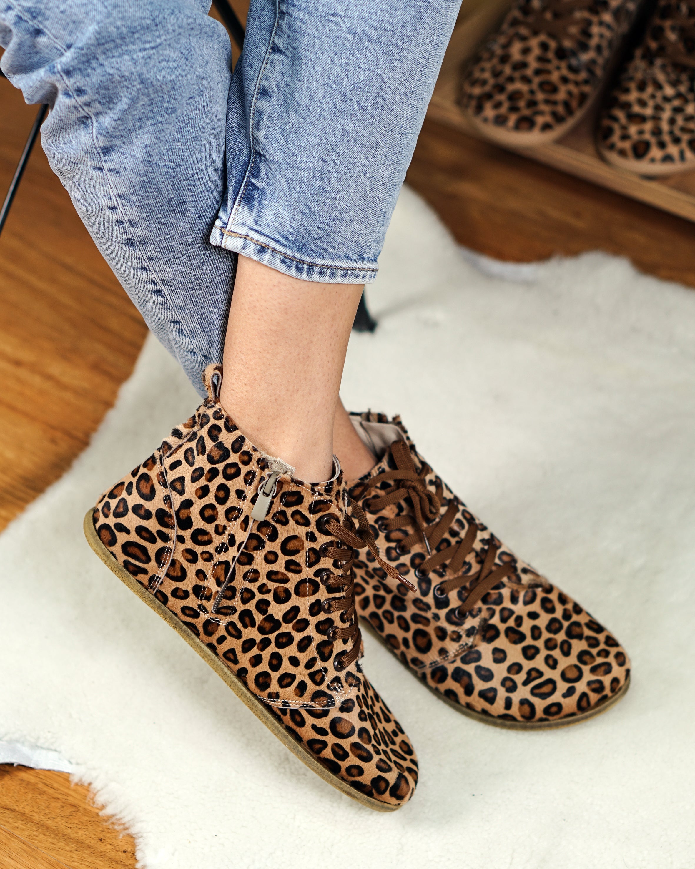 Leopard Short Boots Wide Barefoot Smooth Leather Handmade Shoes 