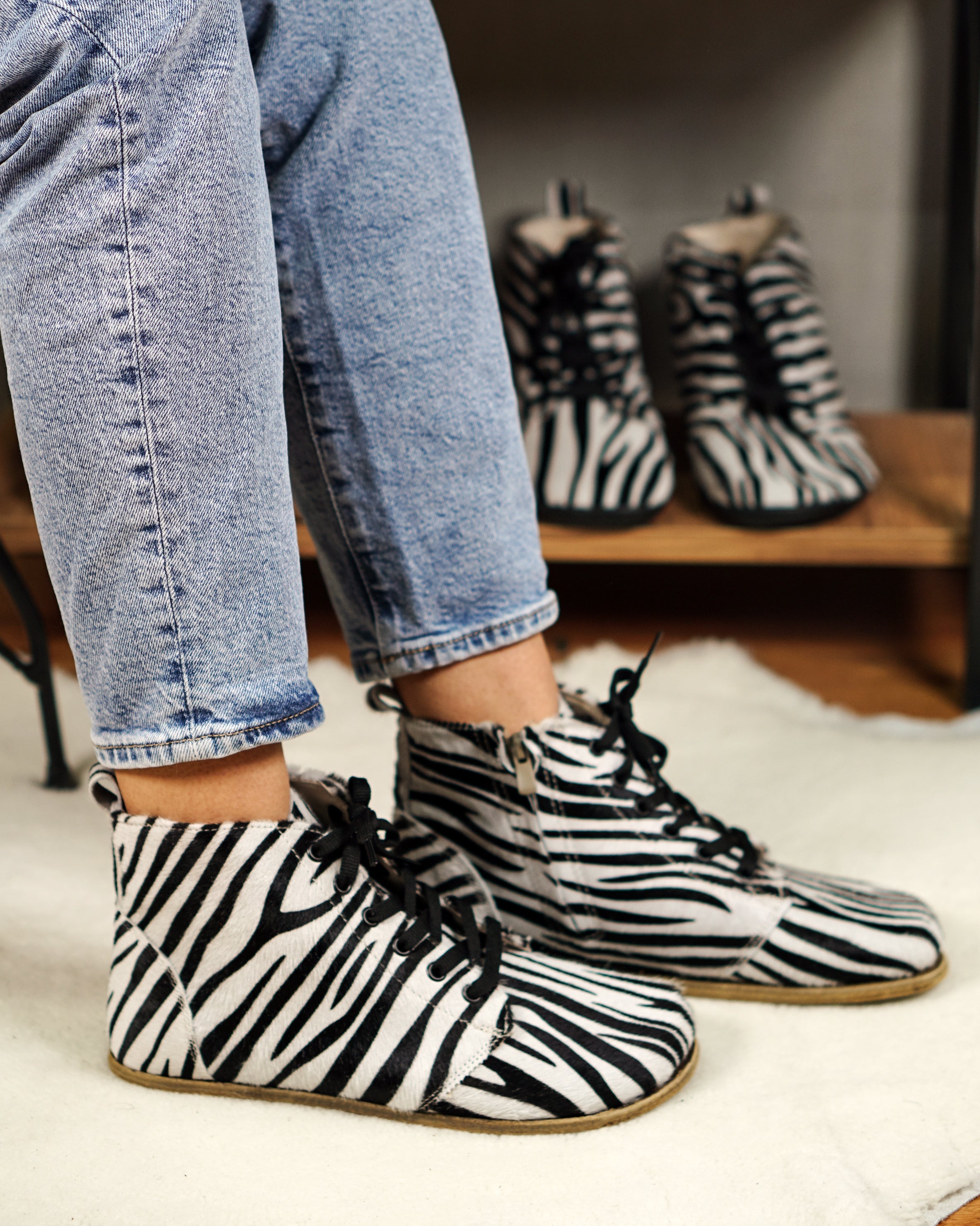Zebra Short Boots Wide Barefoot Smooth Leather Handmade Shoes 