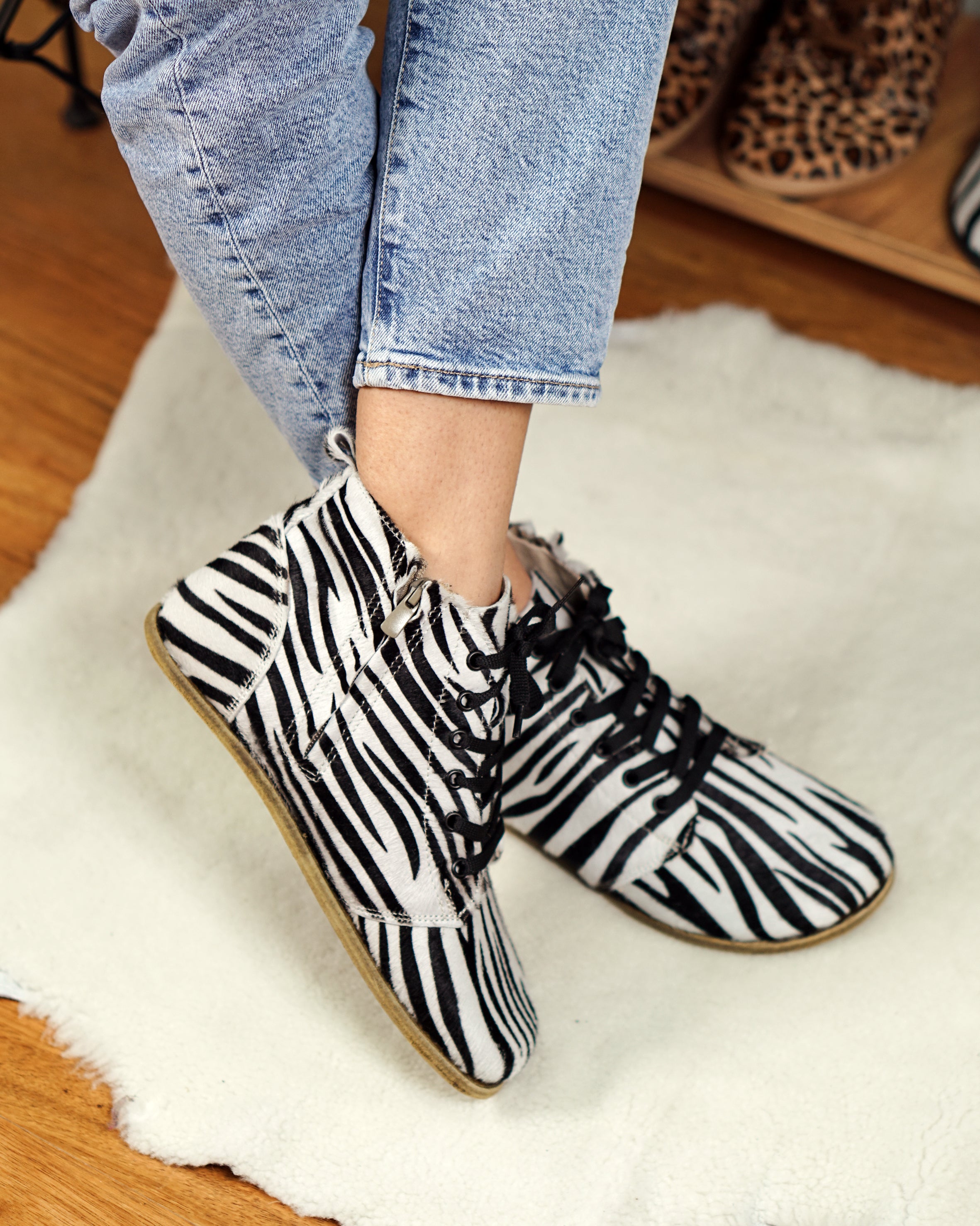 Zebra Short Boots Wide Barefoot Smooth Leather Handmade Shoes