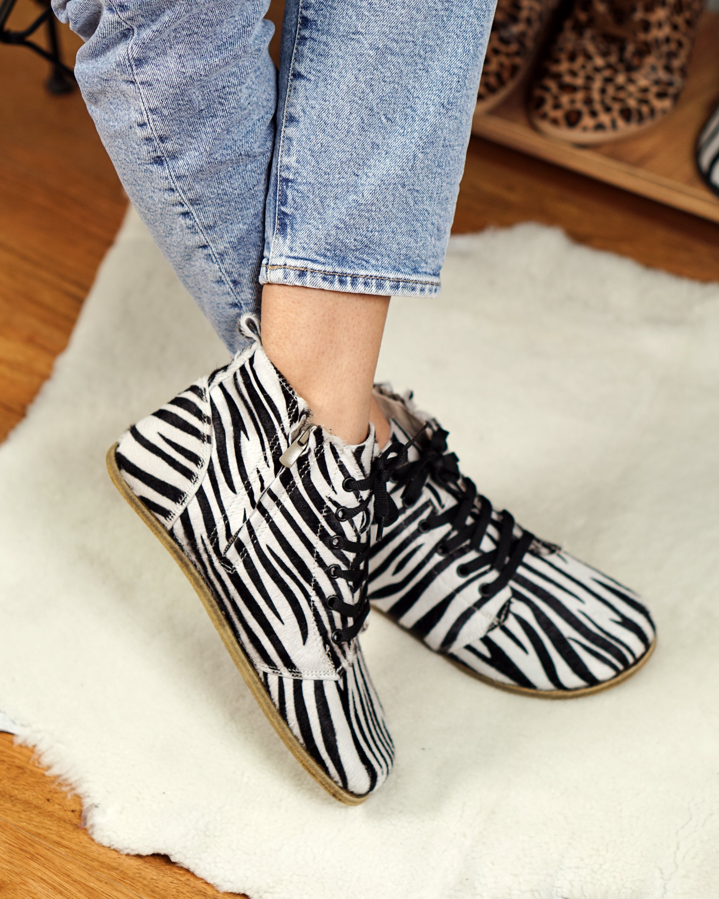 Zebra Short Boots Wide Barefoot Smooth Leather Handmade Shoes 