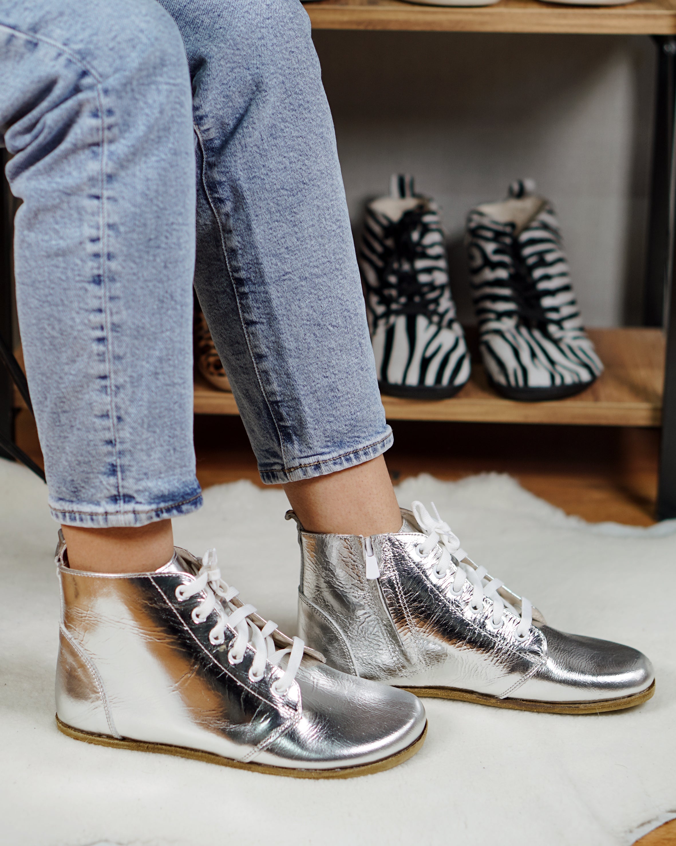 Silver Short Boots Wide Barefoot Smooth Leather Handmade Shoes 