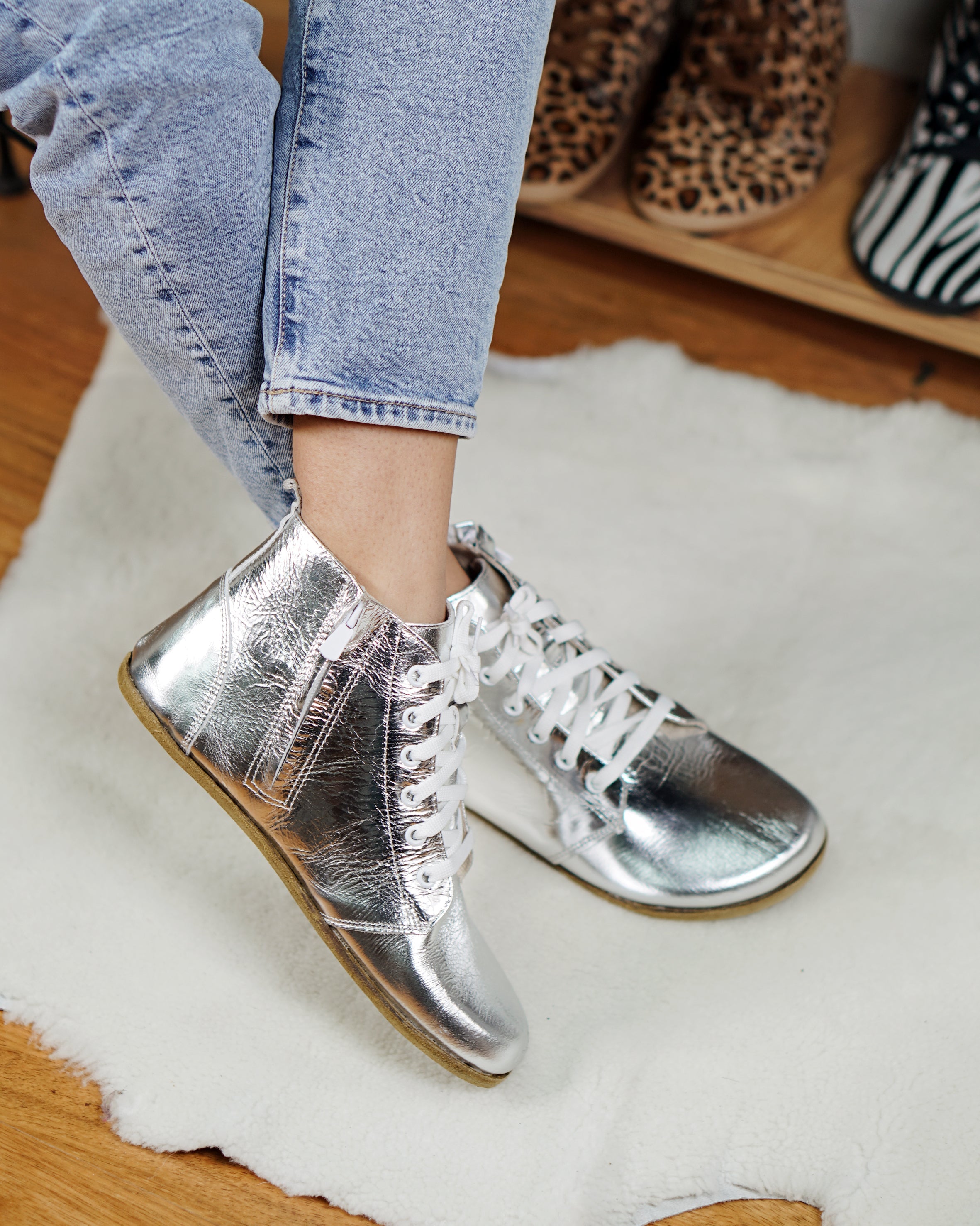 Silver Short Boots Wide Barefoot Smooth Leather Handmade Shoes 