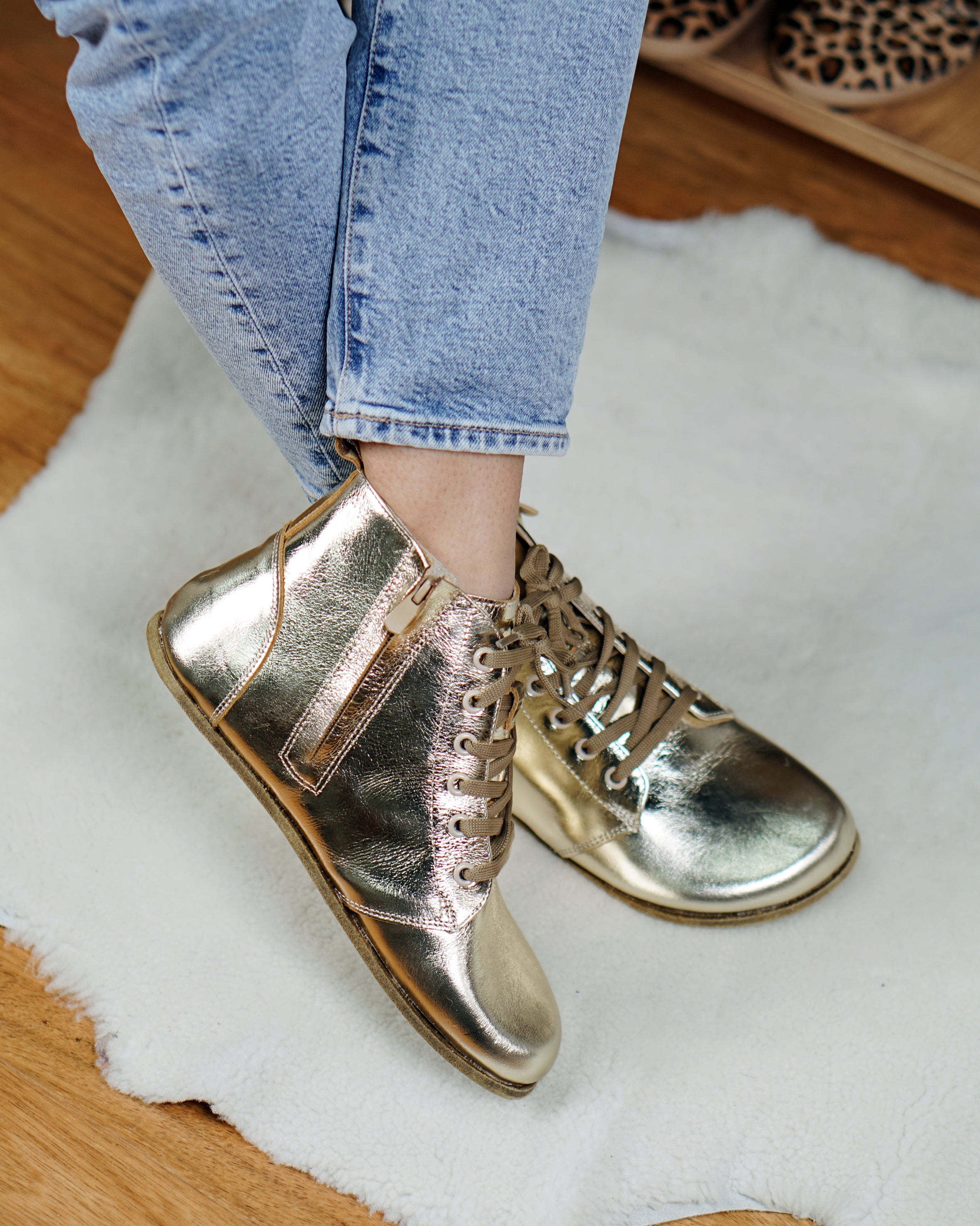 Gold Short Boots Wide Barefoot Smooth Leather Handmade Shoes 