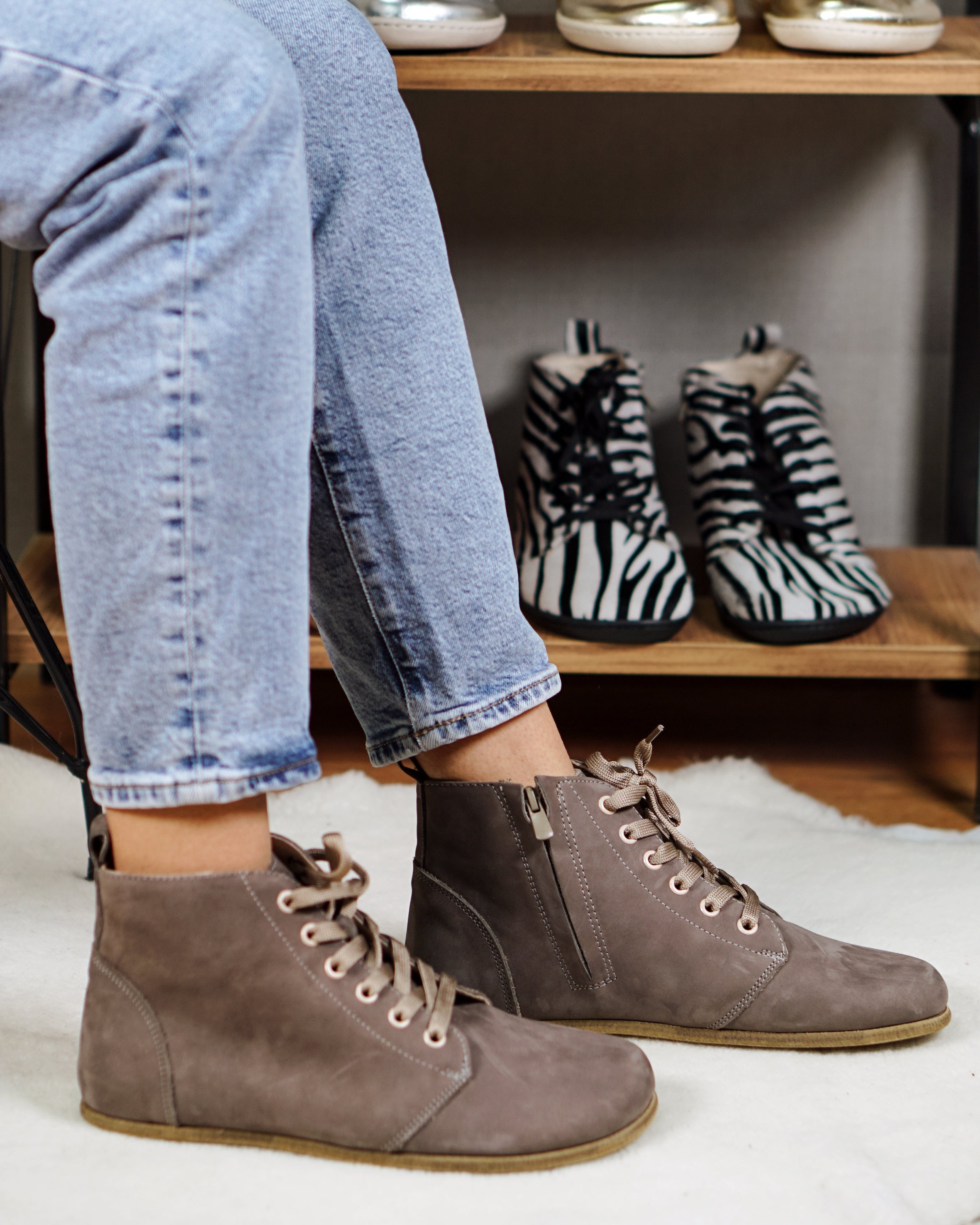 Gray Short Boots Wide Barefoot Nubuck Leather Handmade Shoesl 