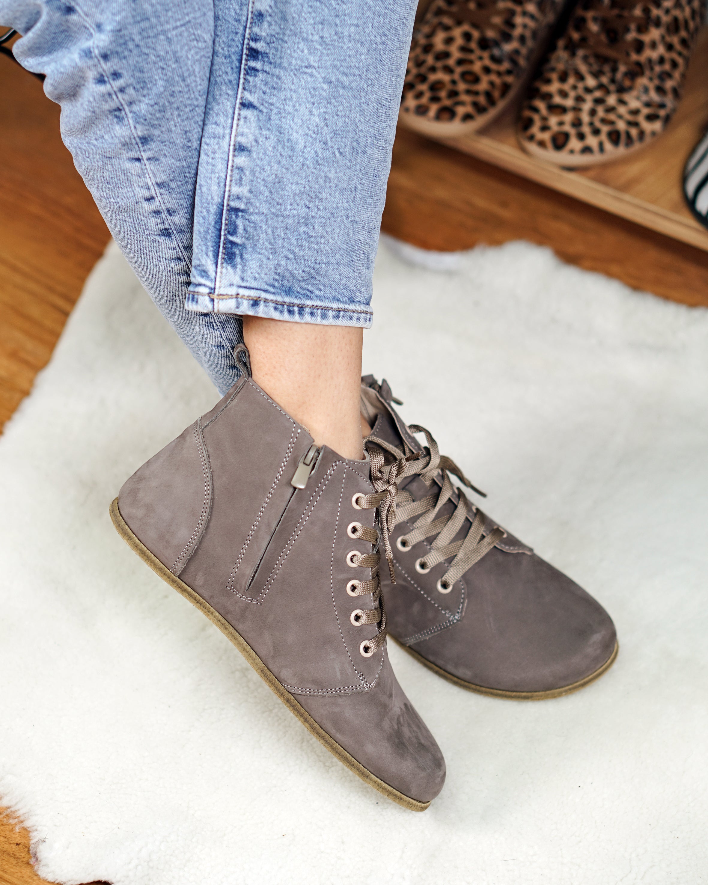 Gray Short Boots Wide Barefoot Nubuck Leather Handmade Shoesl