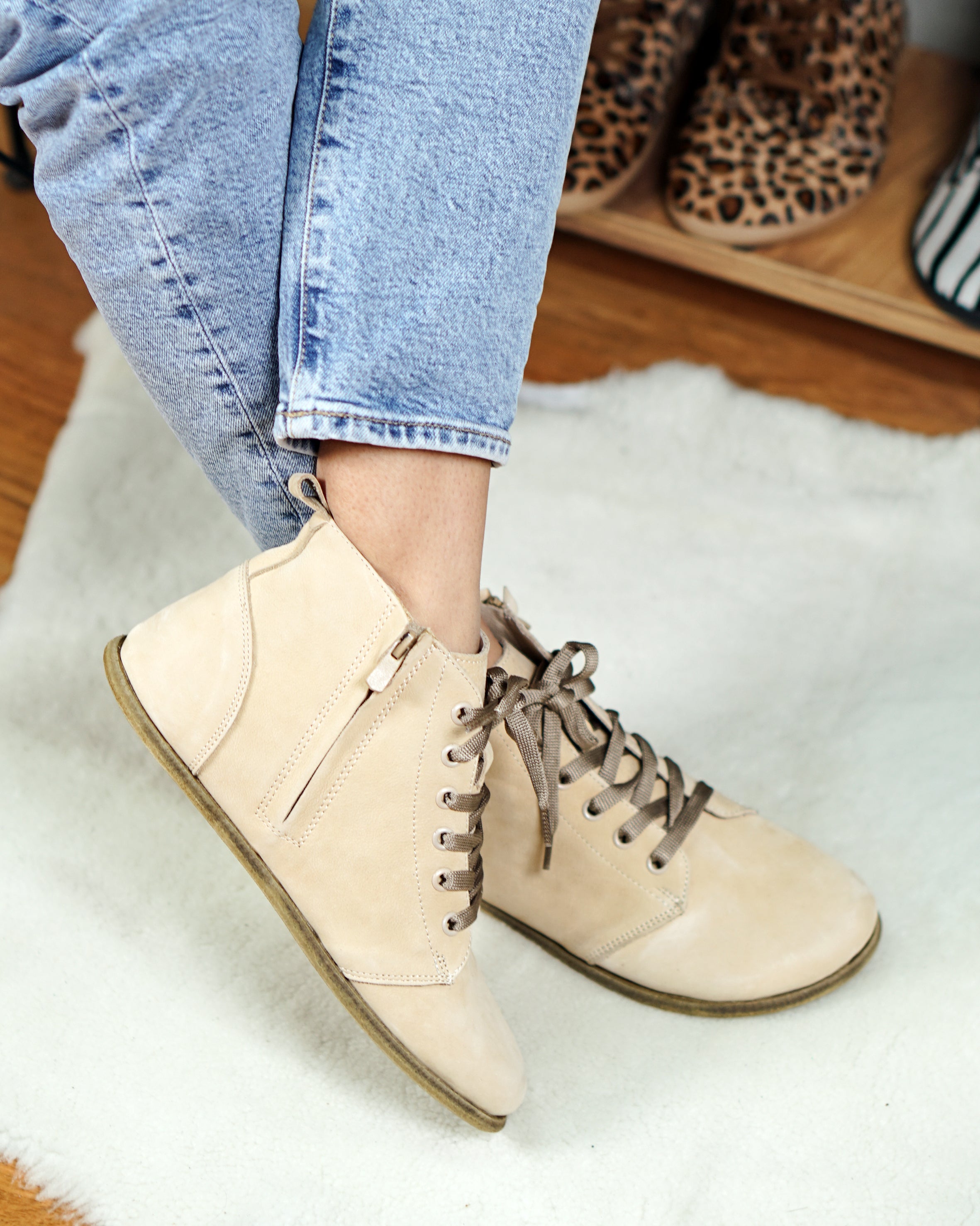 Cream Short Boots Wide Barefoot Nubuck Leather Handmade Shoes 