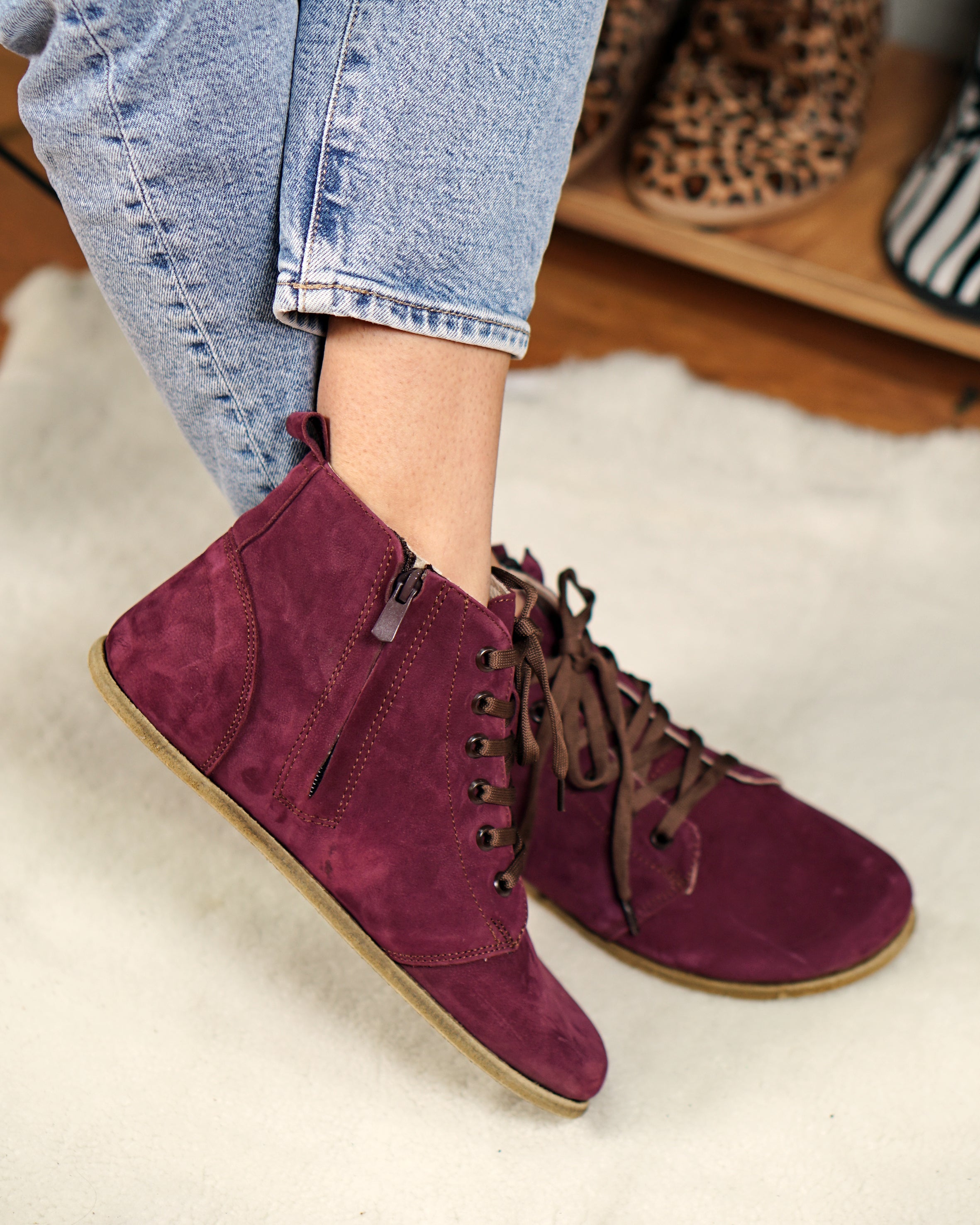Burgundy Short Boots Wide Barefoot Nubuck Leather Handmade Shoesl 