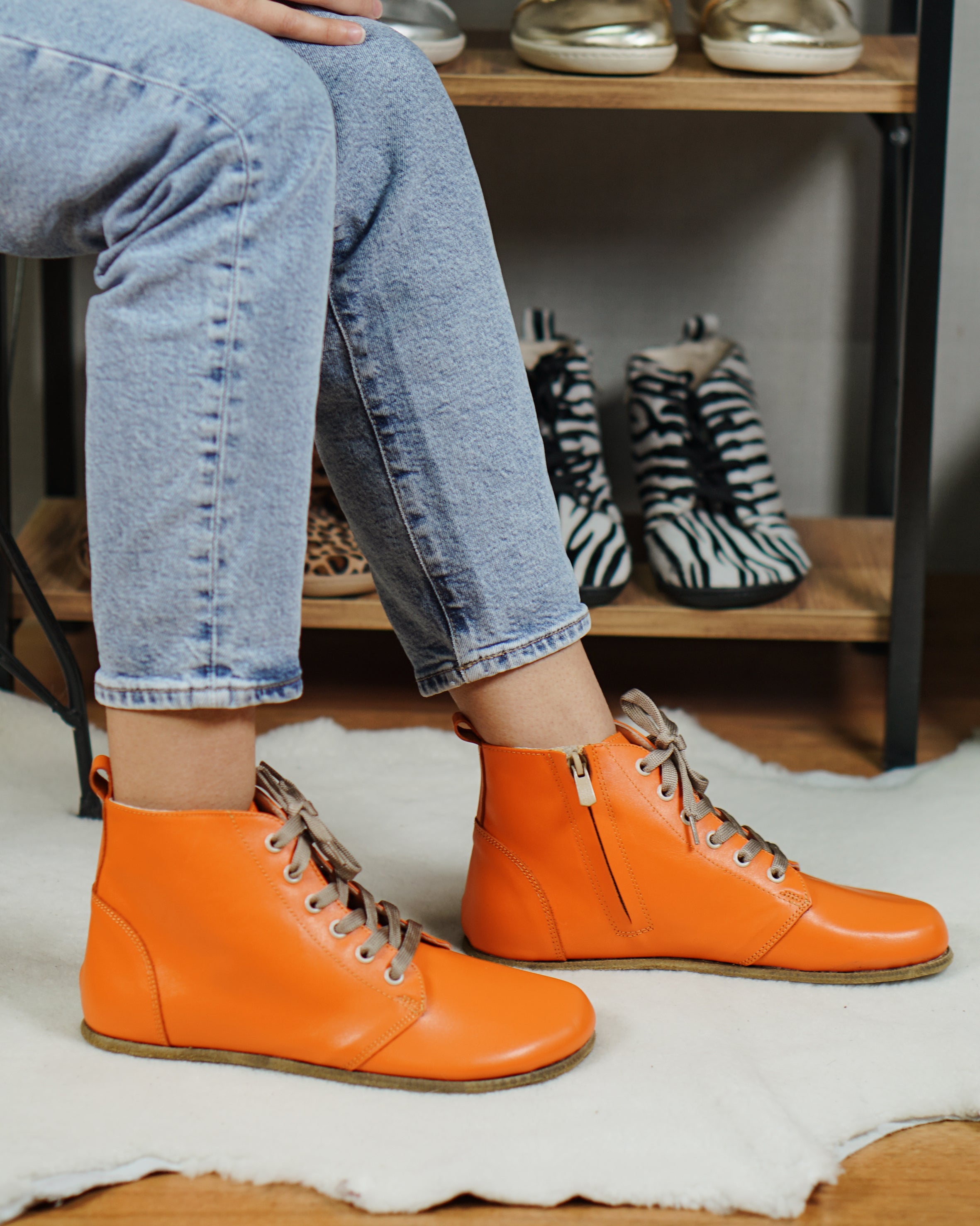 Orange Short Boots Wide Barefoot Smooth Leather Handmade Shoes