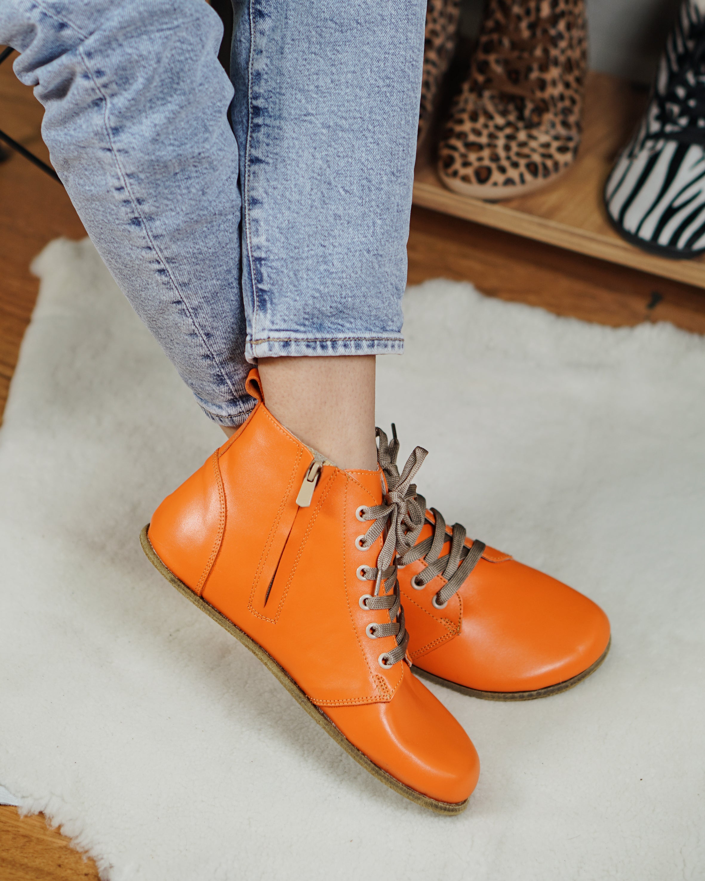 Orange Short Boots Wide Barefoot Smooth Leather Handmade Shoes