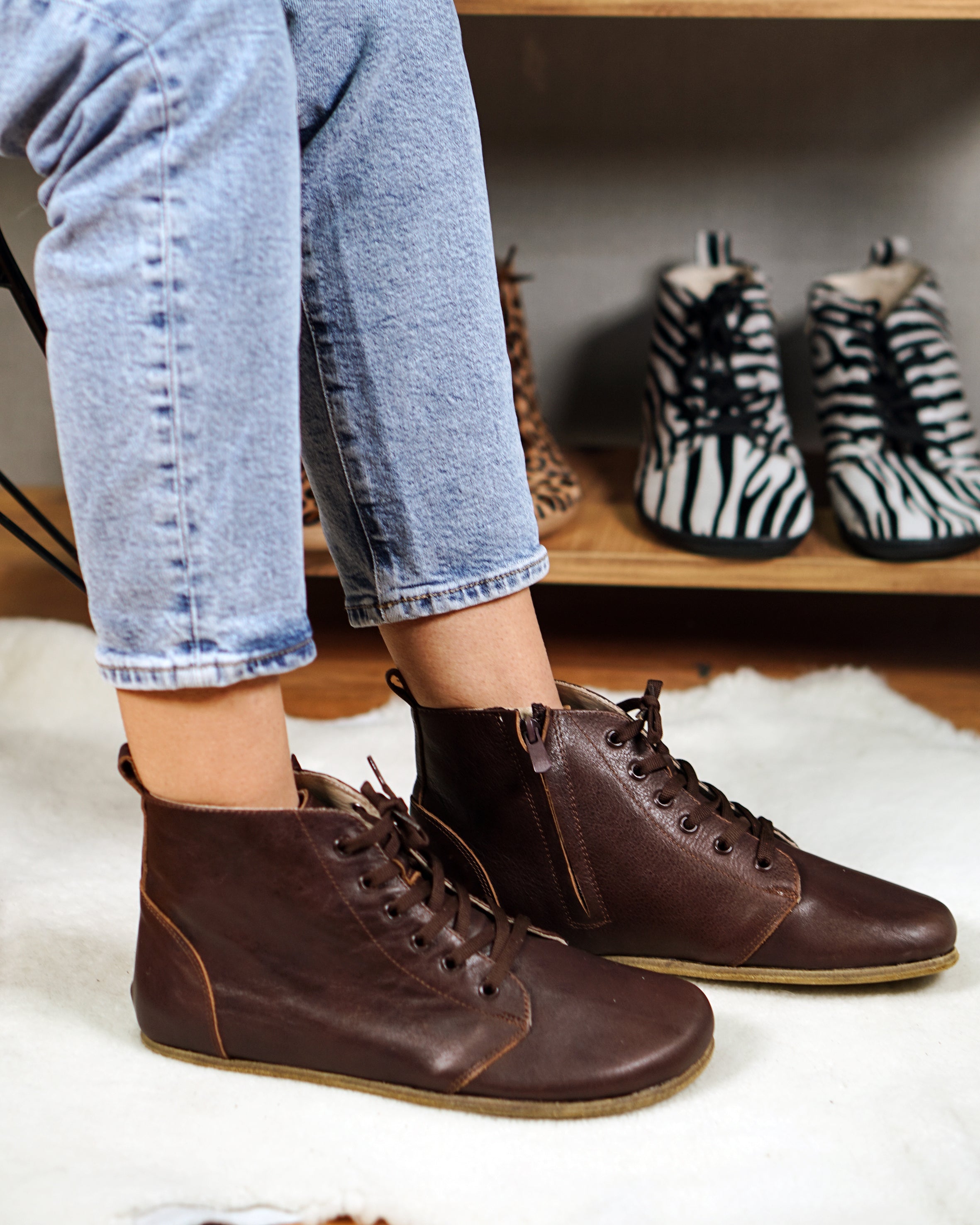 Dark Brown Short Boots Wide Barefoot Smooth Leather Handmade Shoes 
