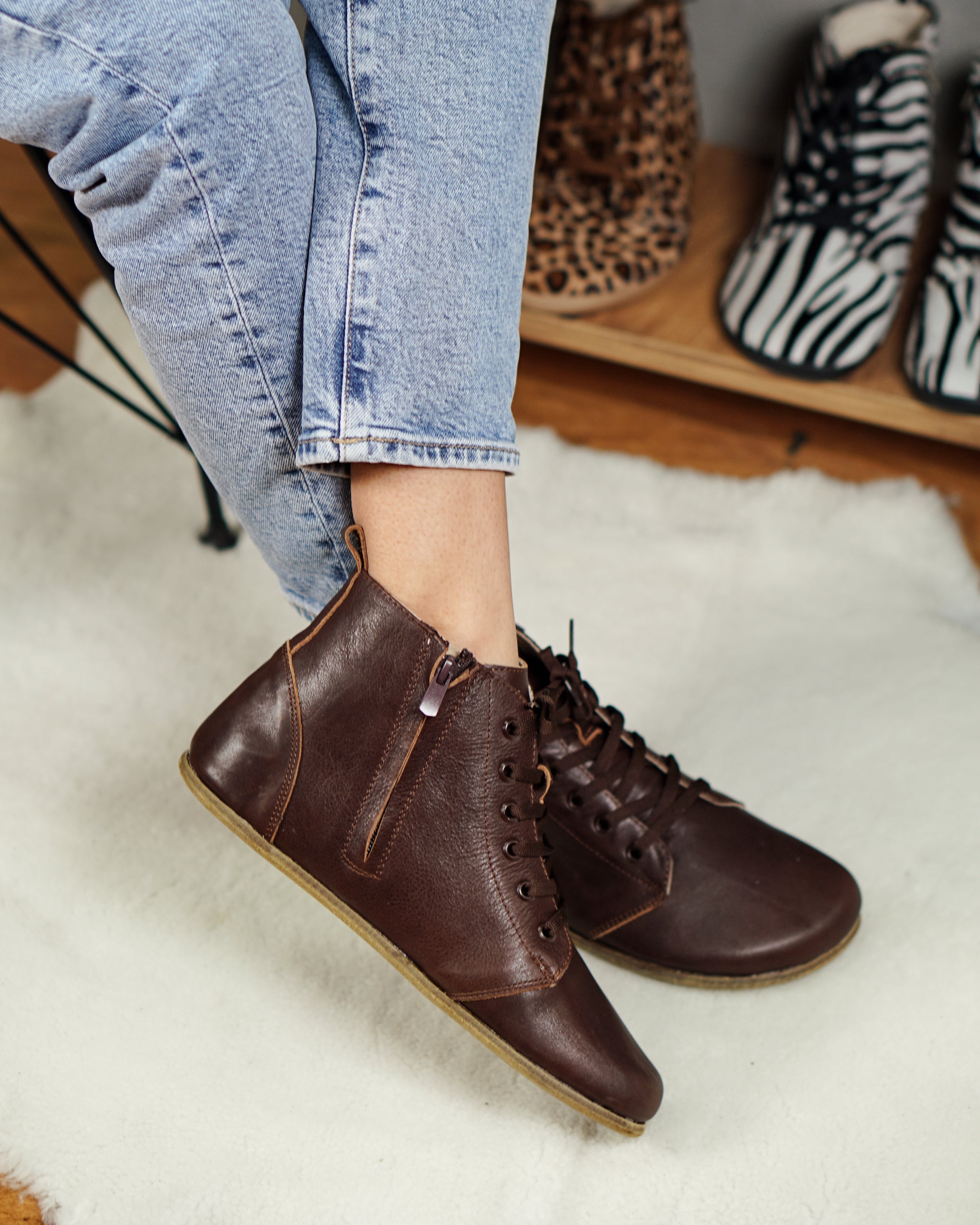 Dark Brown Short Boots Wide Barefoot Smooth Leather Handmade Shoes 