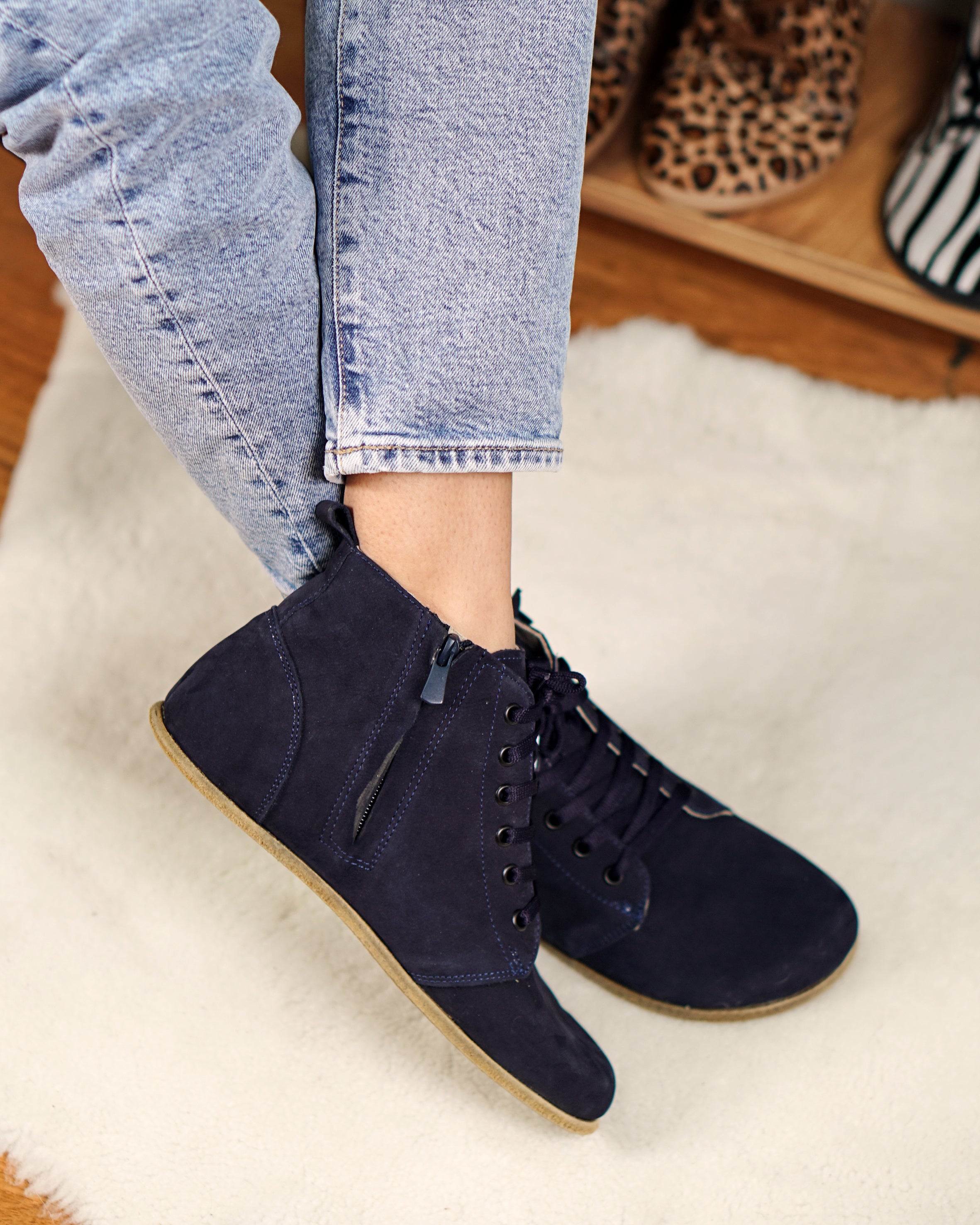 Navy Blue Short Boots Wide Barefoot Nubuck Leather Handmade Shoesl