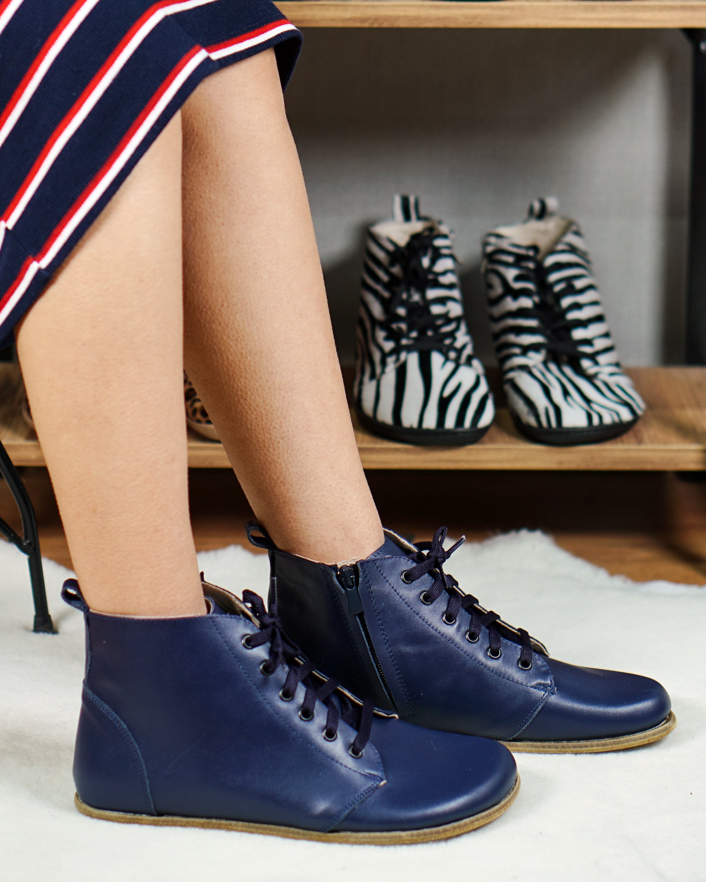 Navy Blue Short Boots Wide Barefoot Smooth Leather Handmade Shoes 