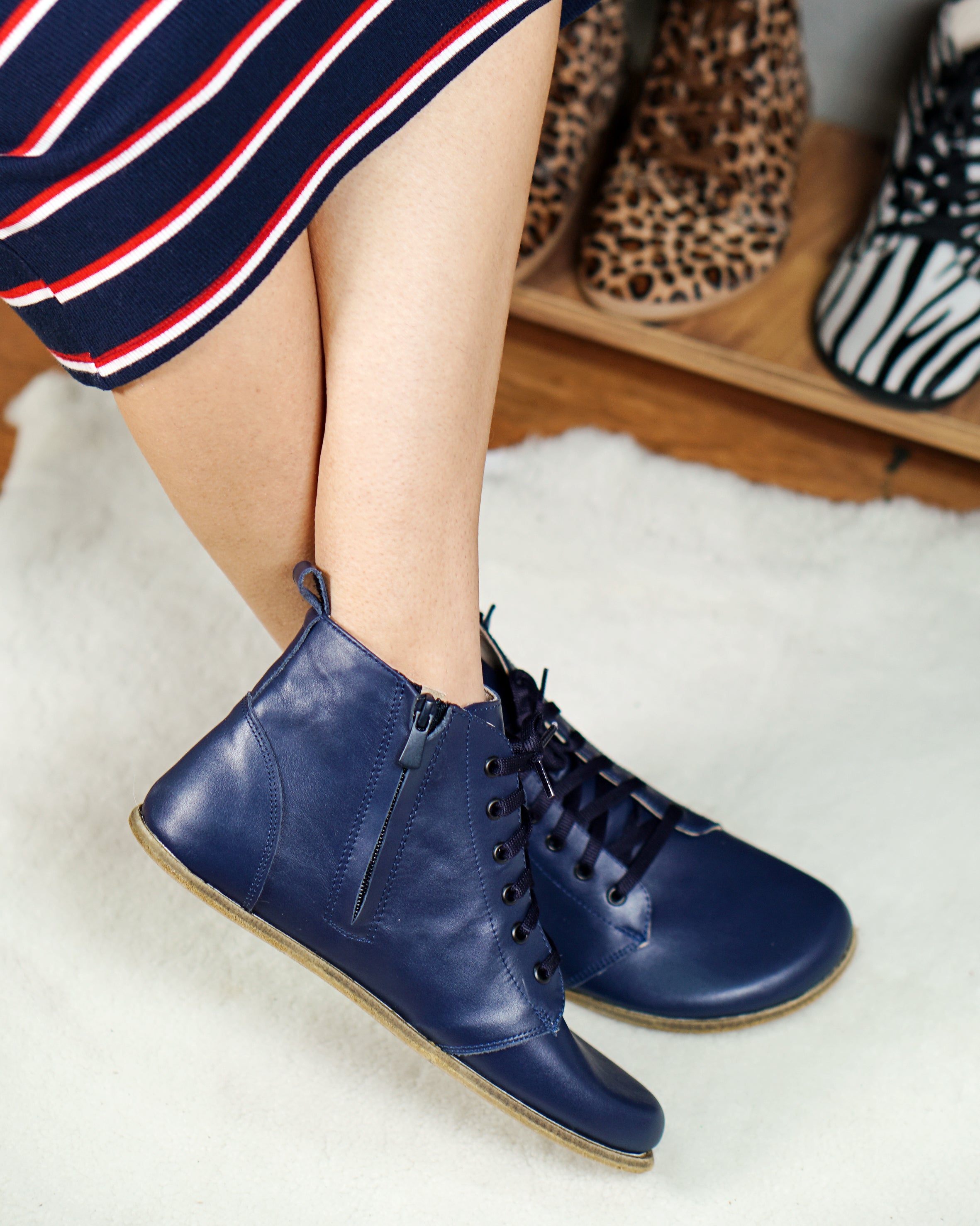 Navy Blue Short Boots Wide Barefoot Smooth Leather Handmade Shoes