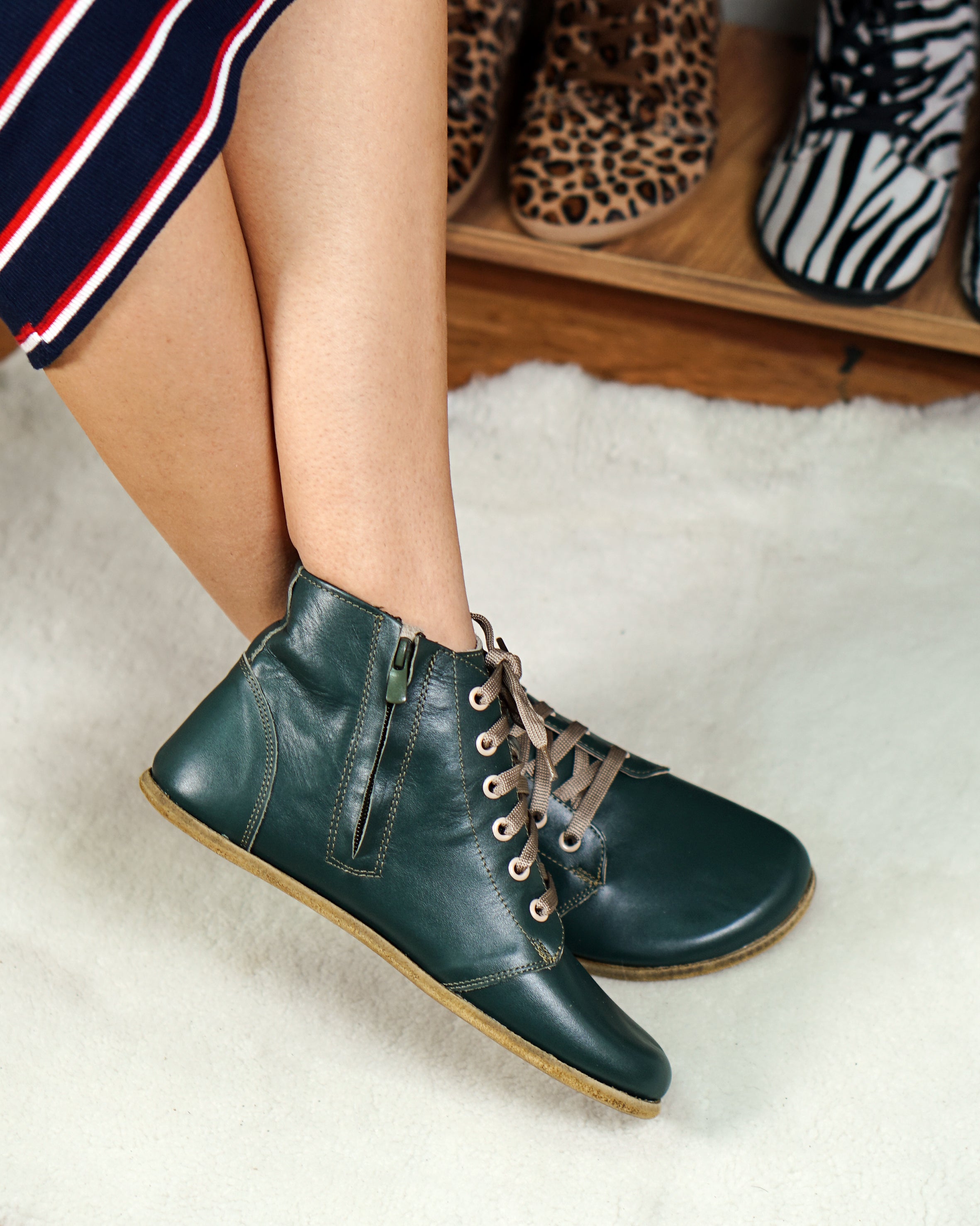 Green Short Boots Wide Barefoot Smooth Leather Handmade Shoes 