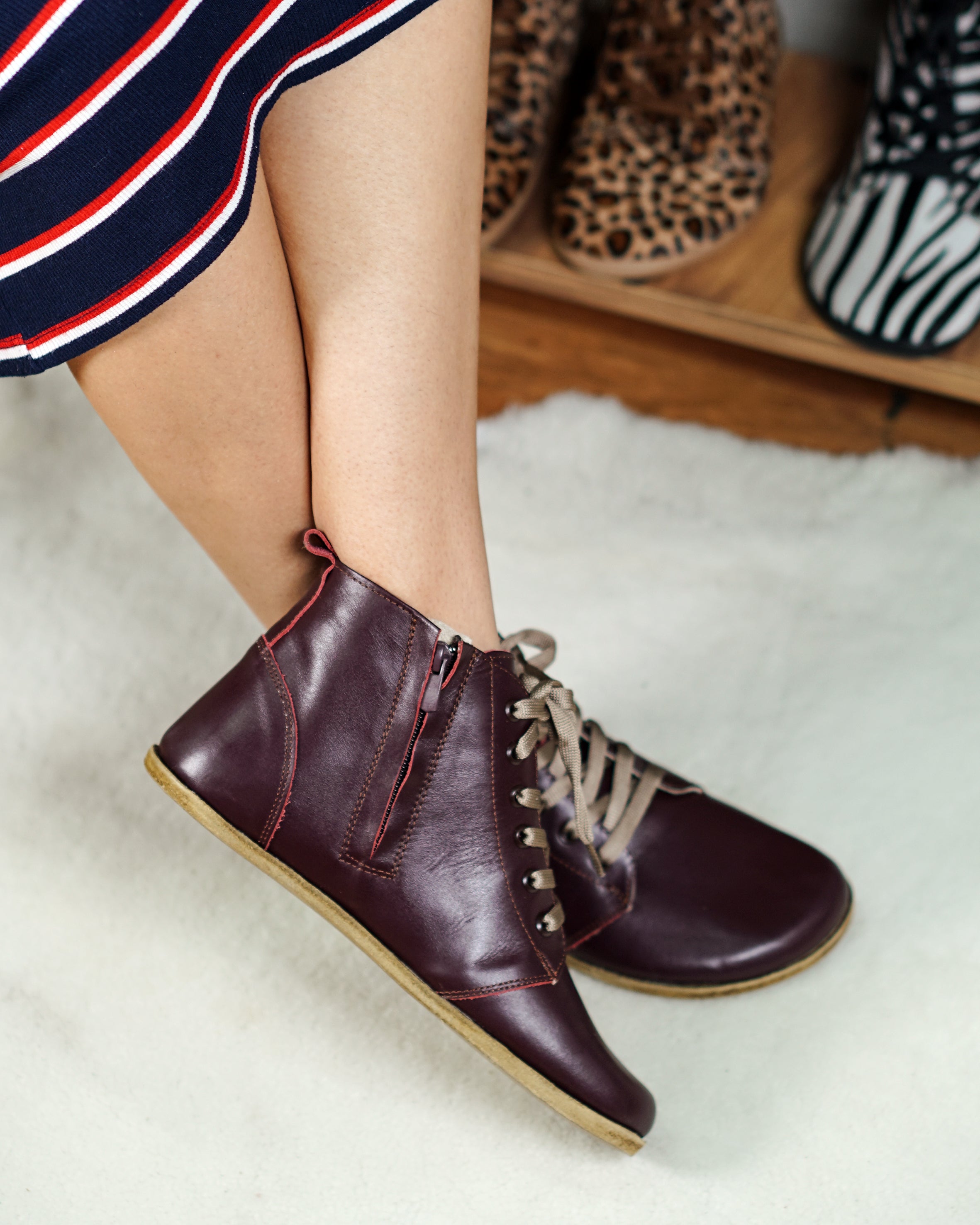 Burgundy Short Boots Wide Barefoot Smooth Leather Handmade Shoes 