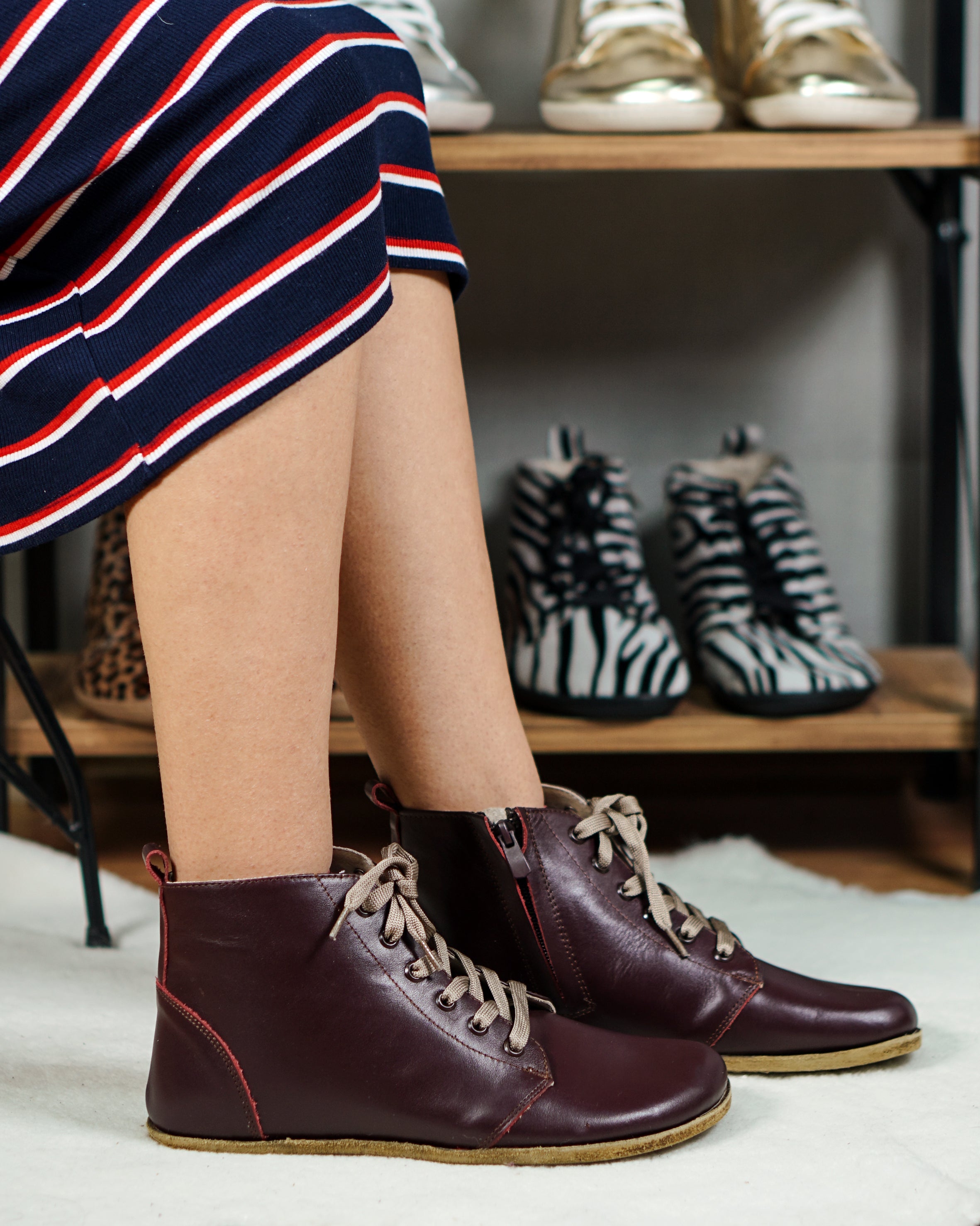 Burgundy Short Boots Wide Barefoot Smooth Leather Handmade Shoes 