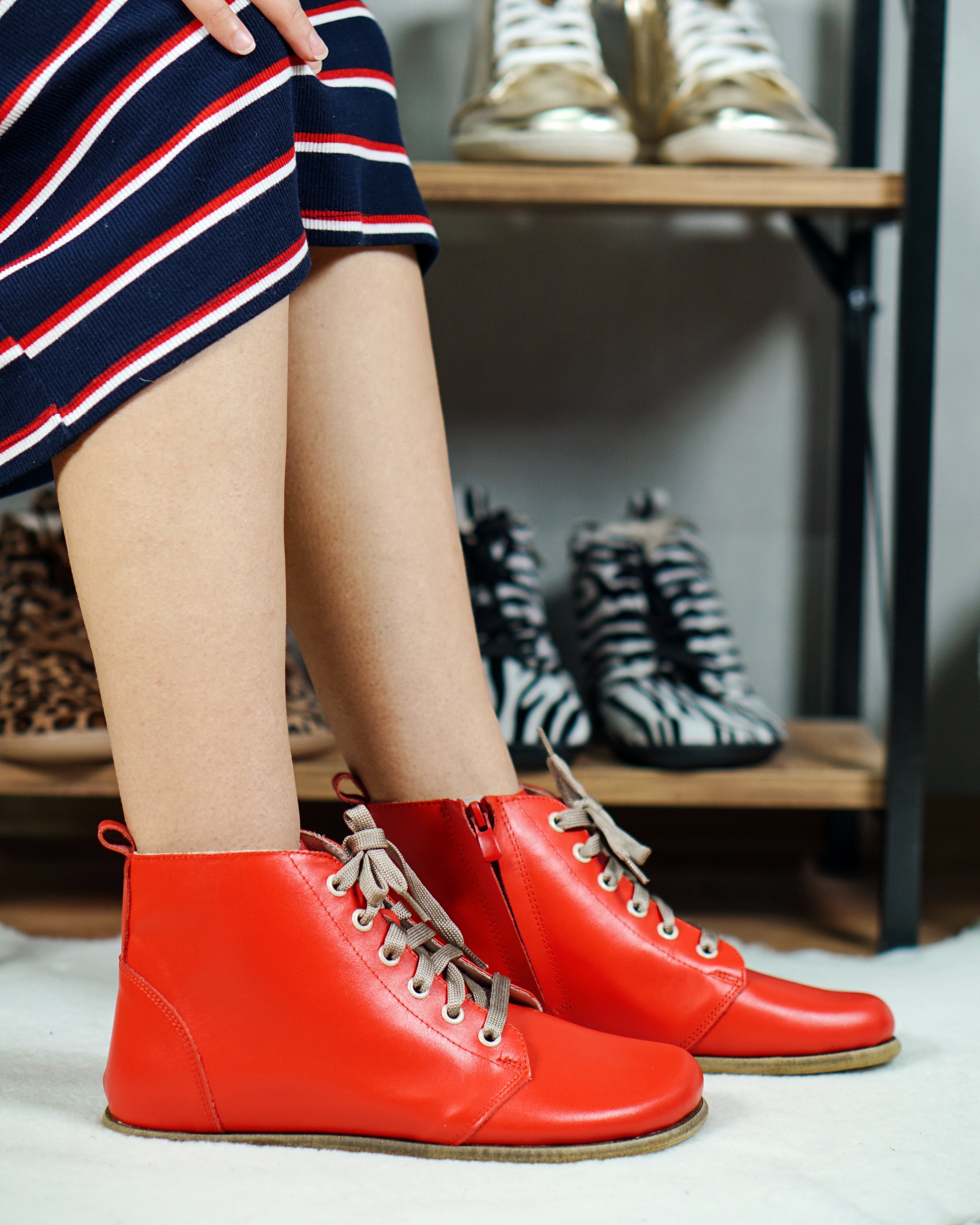 Red Short Boots Wide Barefoot Smooth Leather Handmade Shoes 