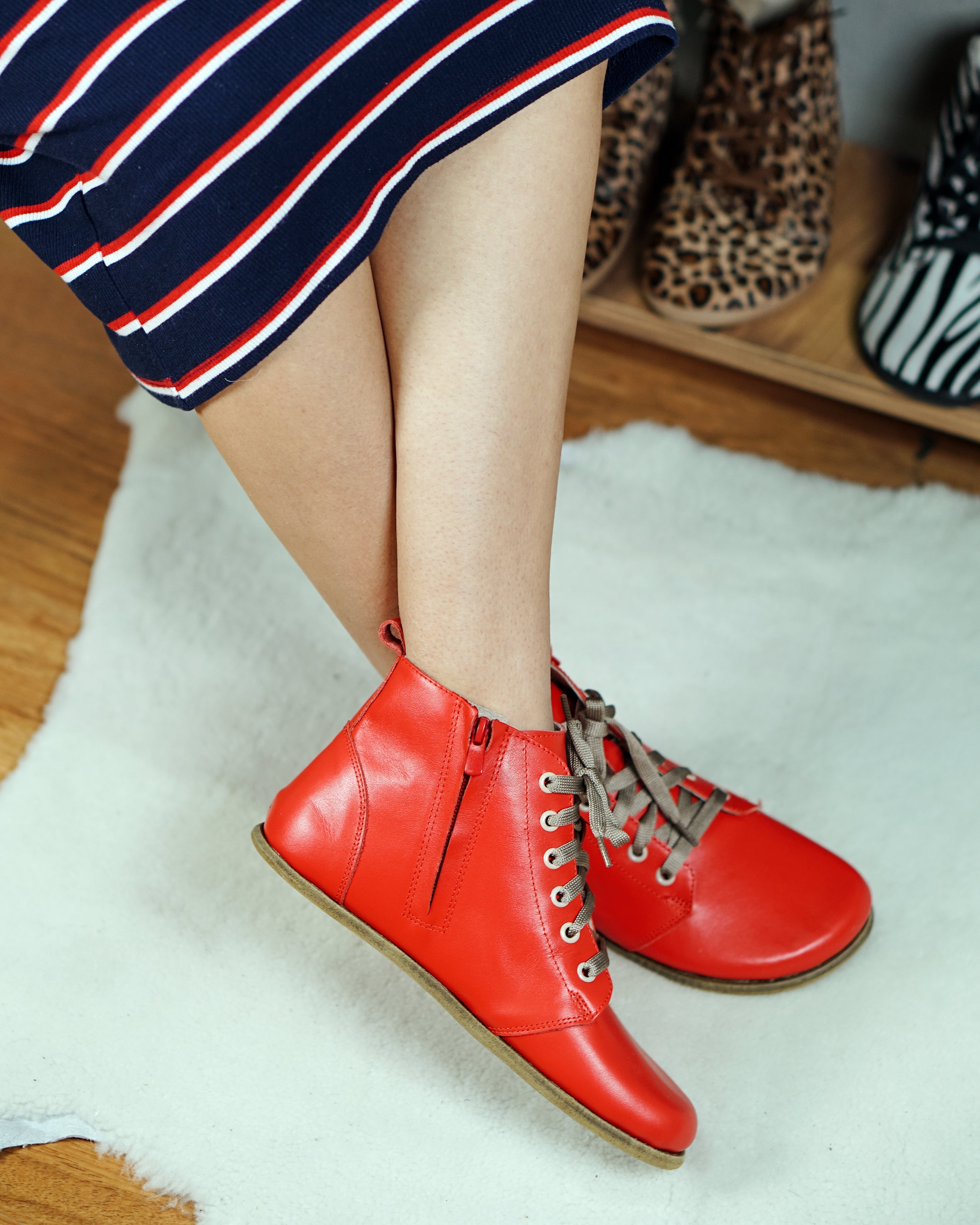 Red Short Boots Wide Barefoot Smooth Leather Handmade Shoes 