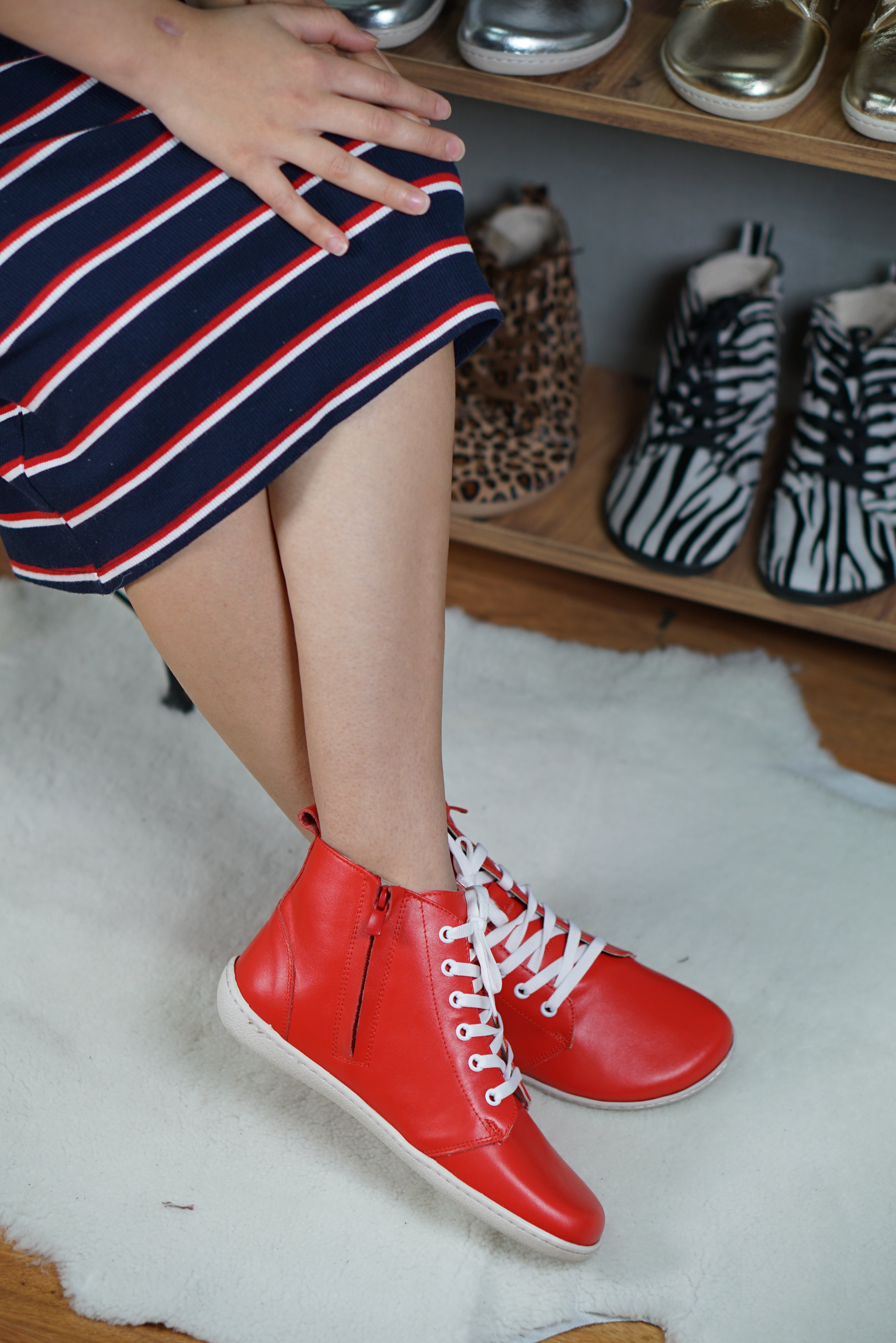 Red Short Boots Wide Barefoot Shoes Smooth Leather Handmade 6mm Rubber Outsole 
